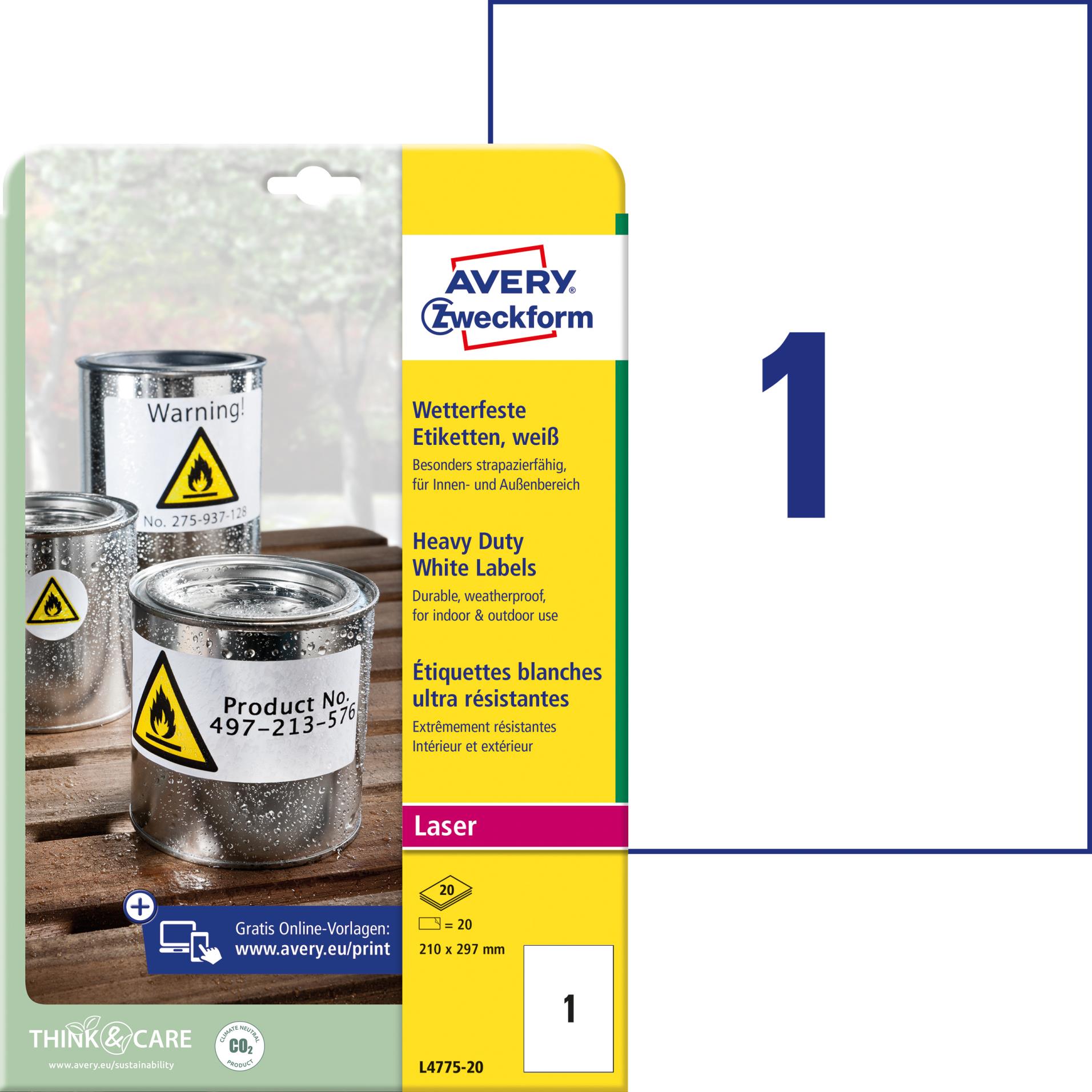 Avery Zweckform Samolepicí etikety velmi odolné polyesterové - bílé, 210 x 297 mm, 20 ks
