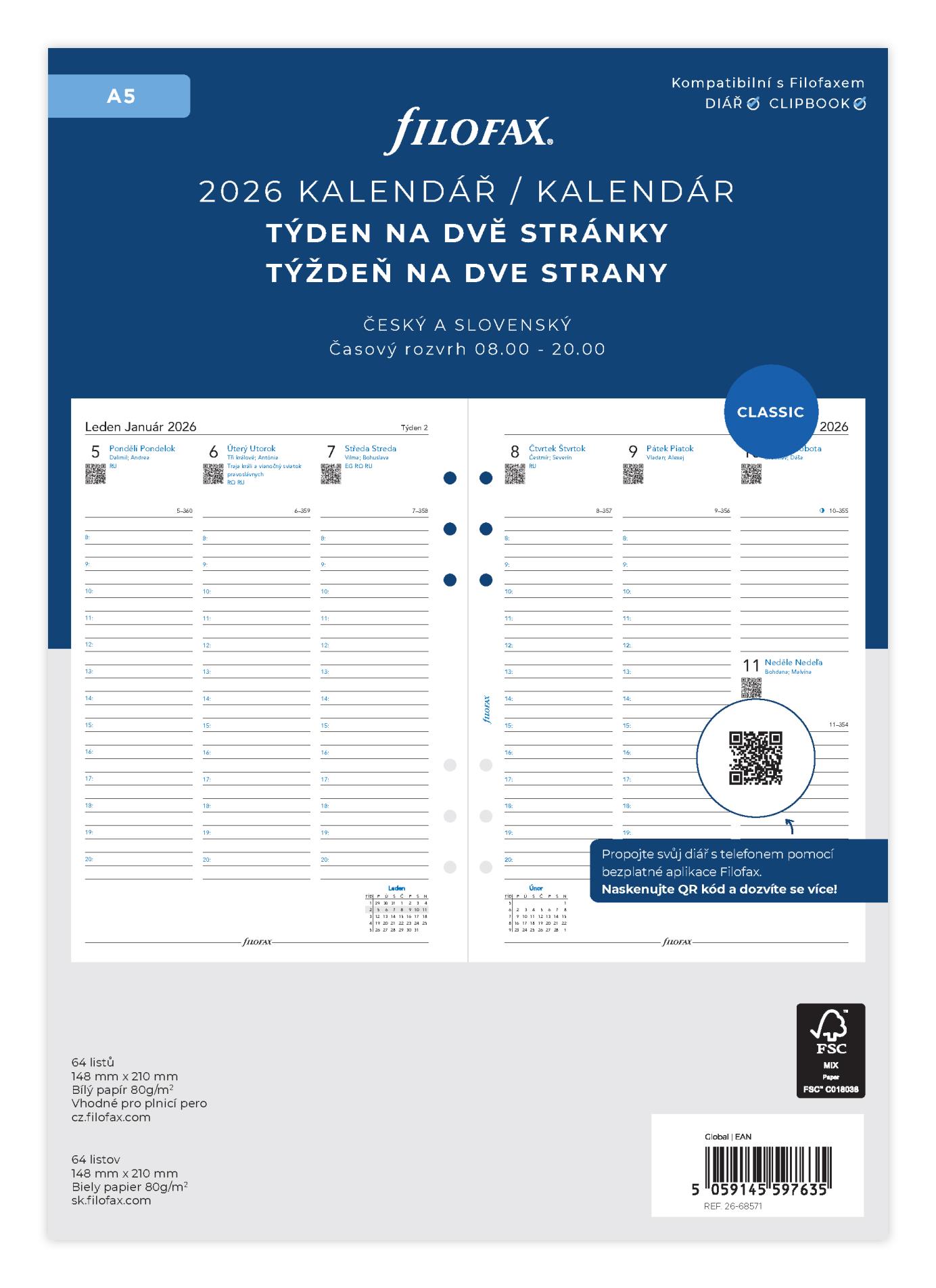 Náhradní náplň diáře Filofax - A5,  týden na 2 strany, rok 2025