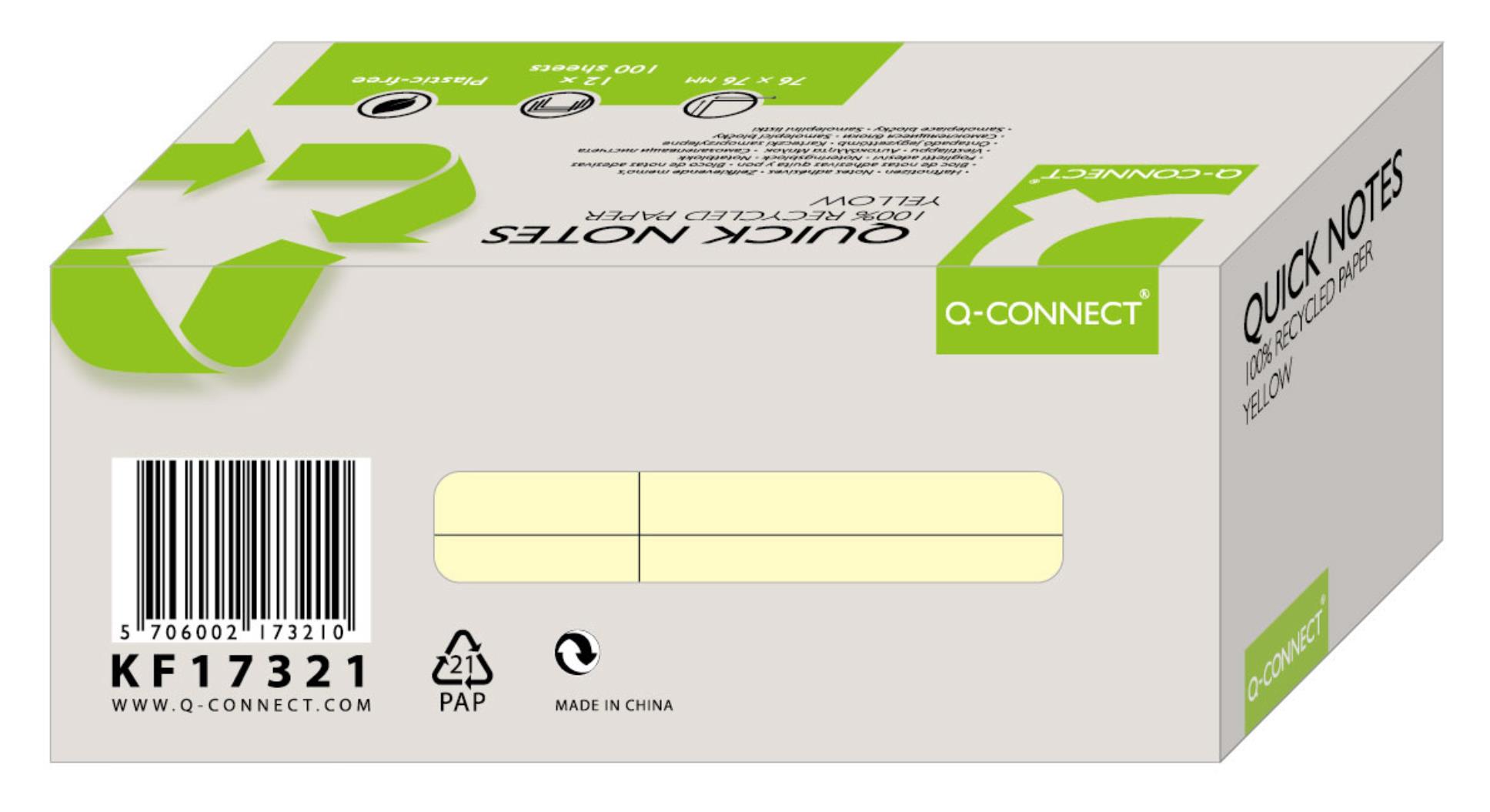 Samolepicí bločky recyklované Q-Connect - 76 x 76 mm, žluté, 12 ks