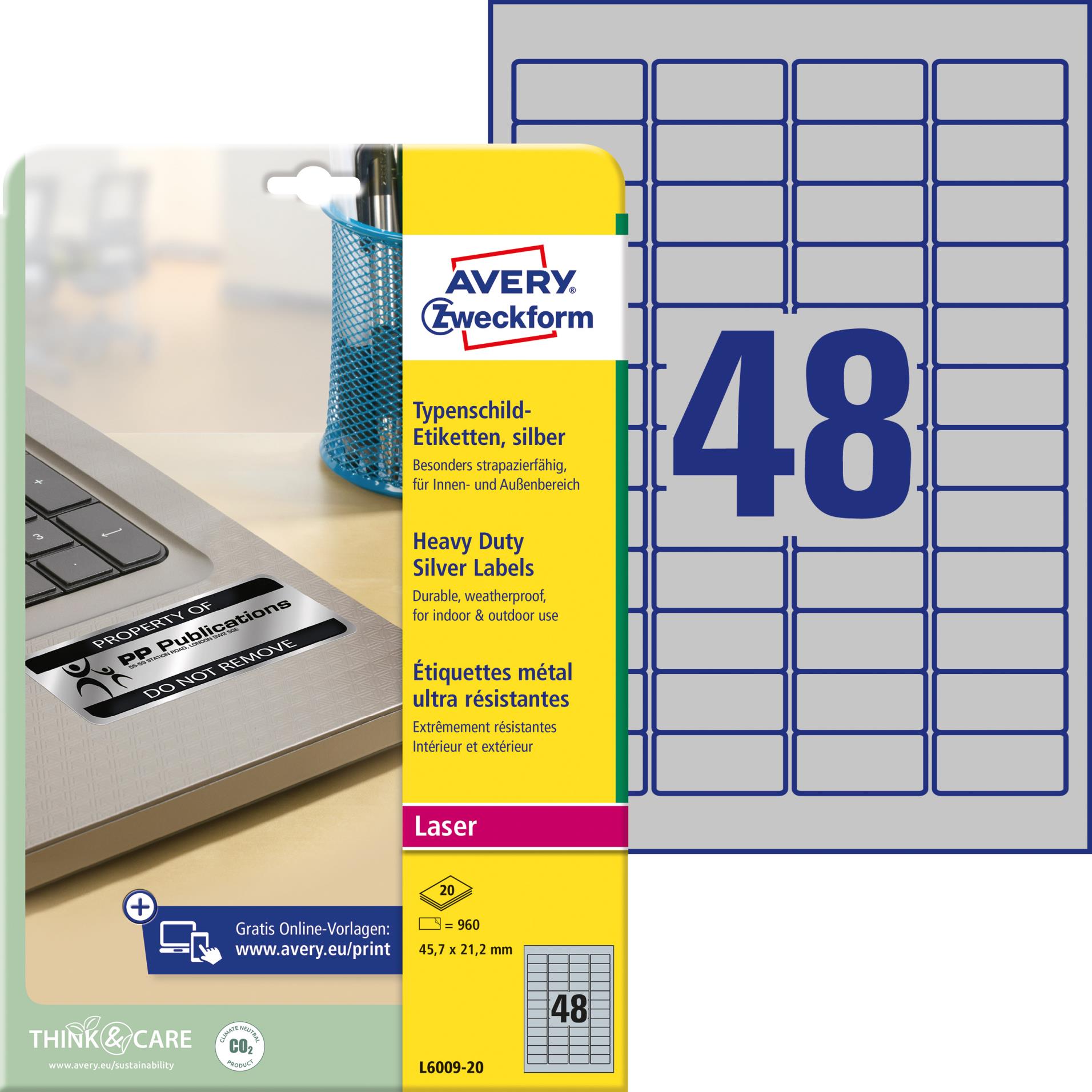 Levně Avery Zweckform L6009-20 Velmi odolné etikety 45,7x21,2mm 960 ks stříbrná
