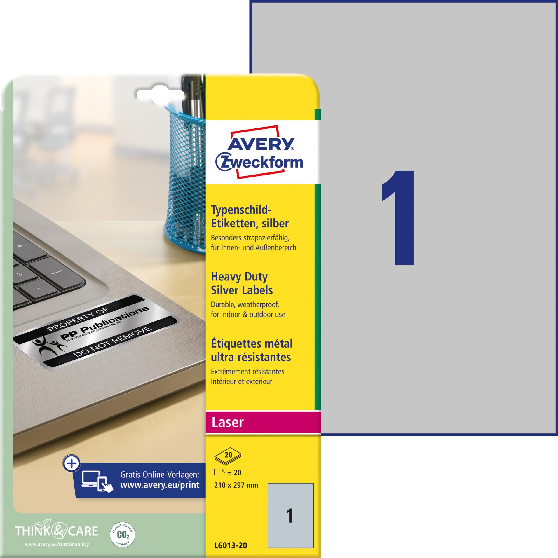 Avery Zweckform Samolepicí etikety velmi odolné polyesterové - stříbrné, 210 x 297 mm, 20 ks