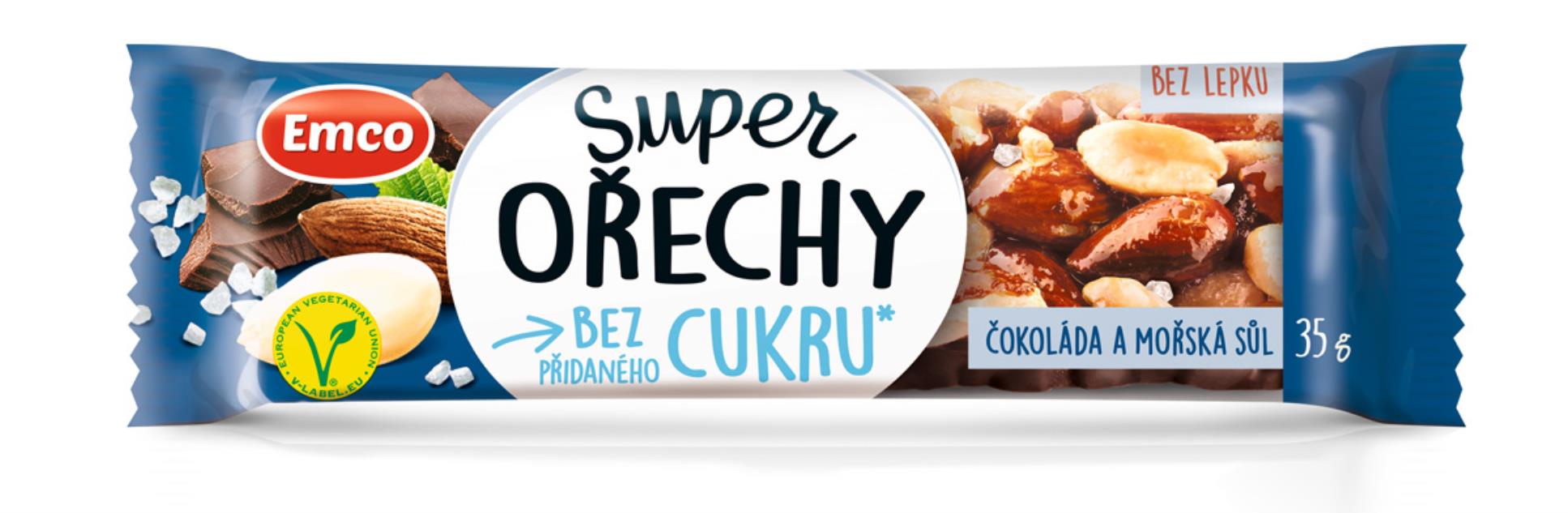 Tyčinka Emco Super ořechy - čokoláda a mořská sůl, bez přidaného cukru, 35 g