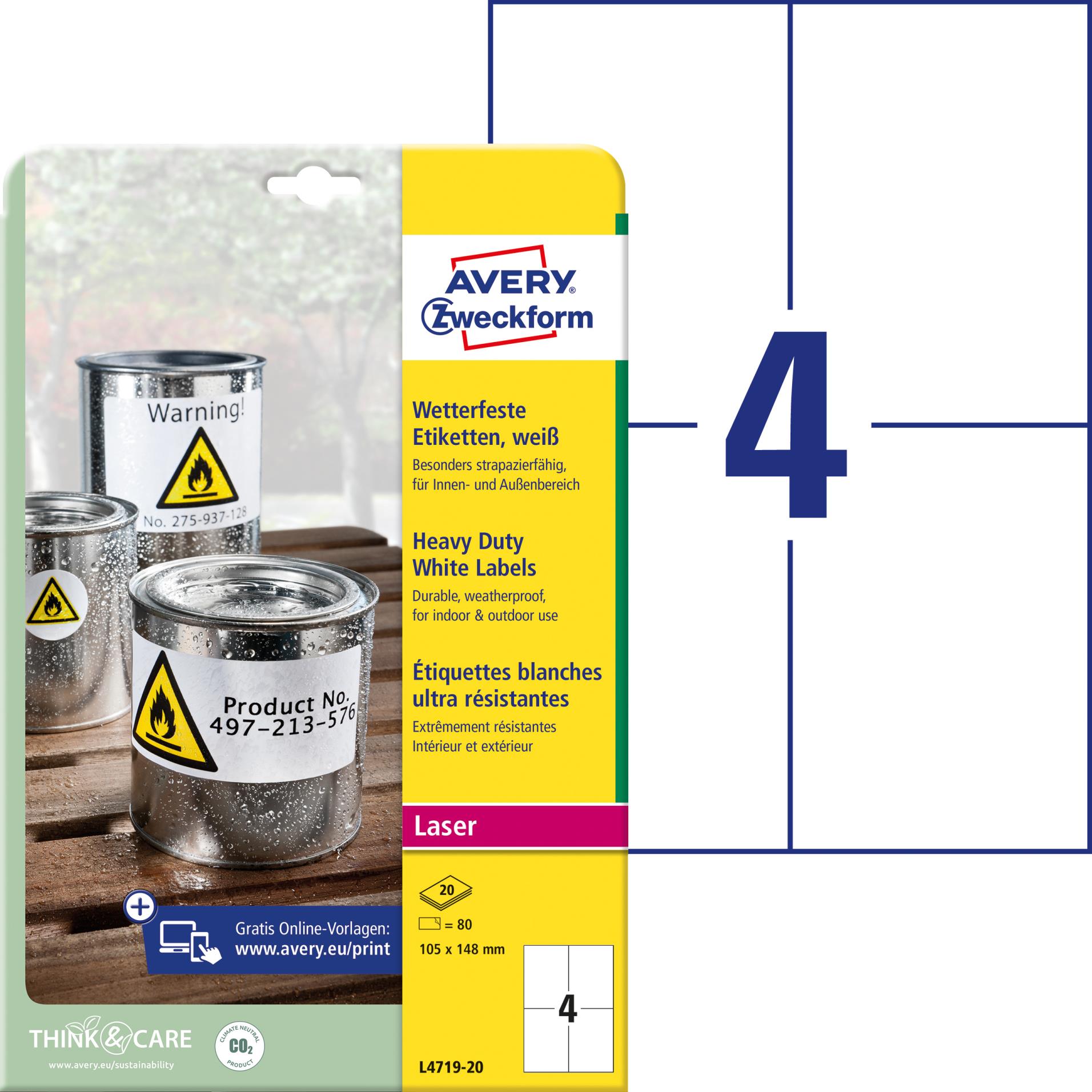 Levně Velmi odolné polyesterové etikety Avery Zweckform - bílé, 105 x 148 mm, 80 ks