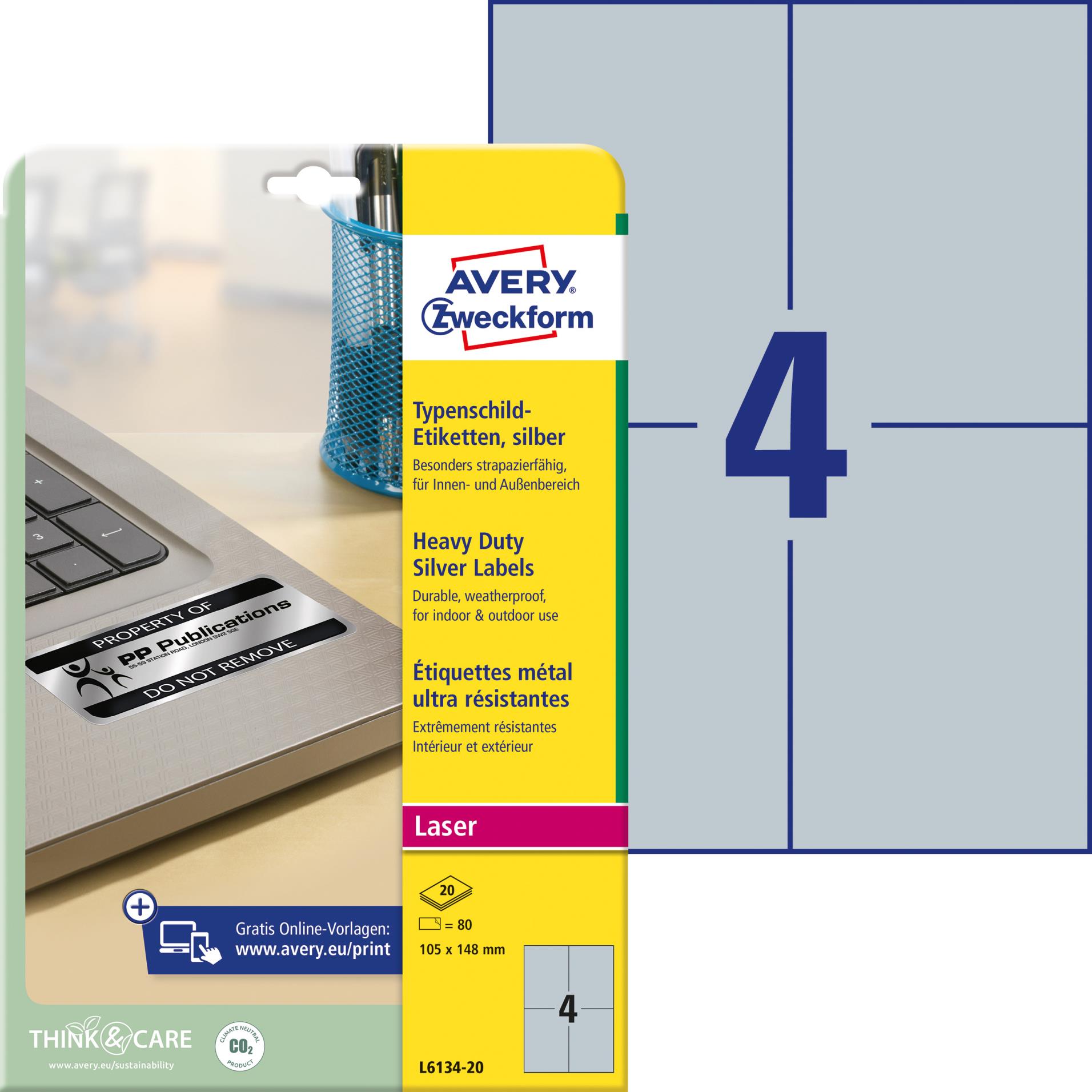 Levně Velmi odolné polyesterové etikety Avery Zweckform - stříbrné, 105 x 148 mm, 80 ks