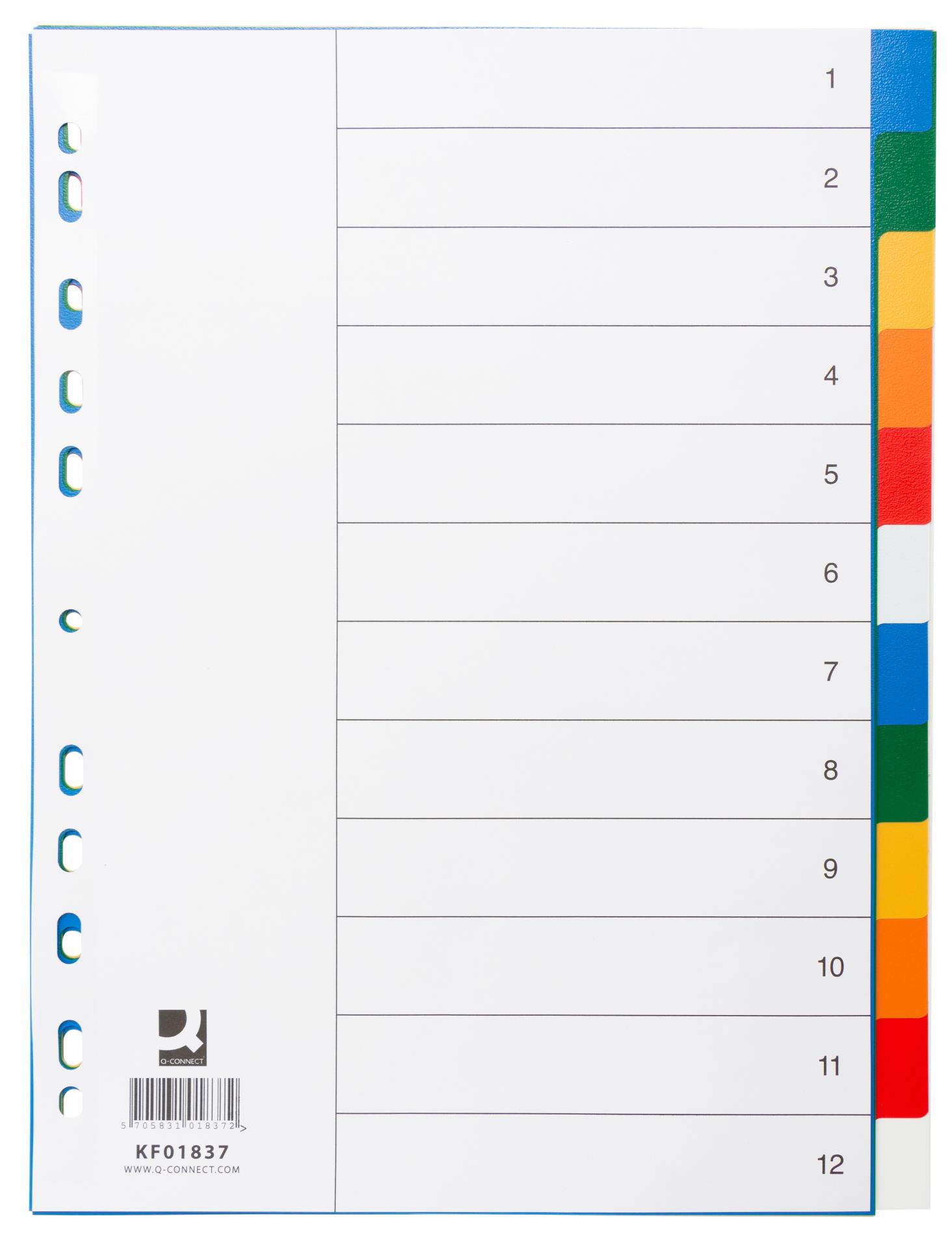 Plastové rozlišovače Q-Connect - A4, s barevným okrajem, 12 listů