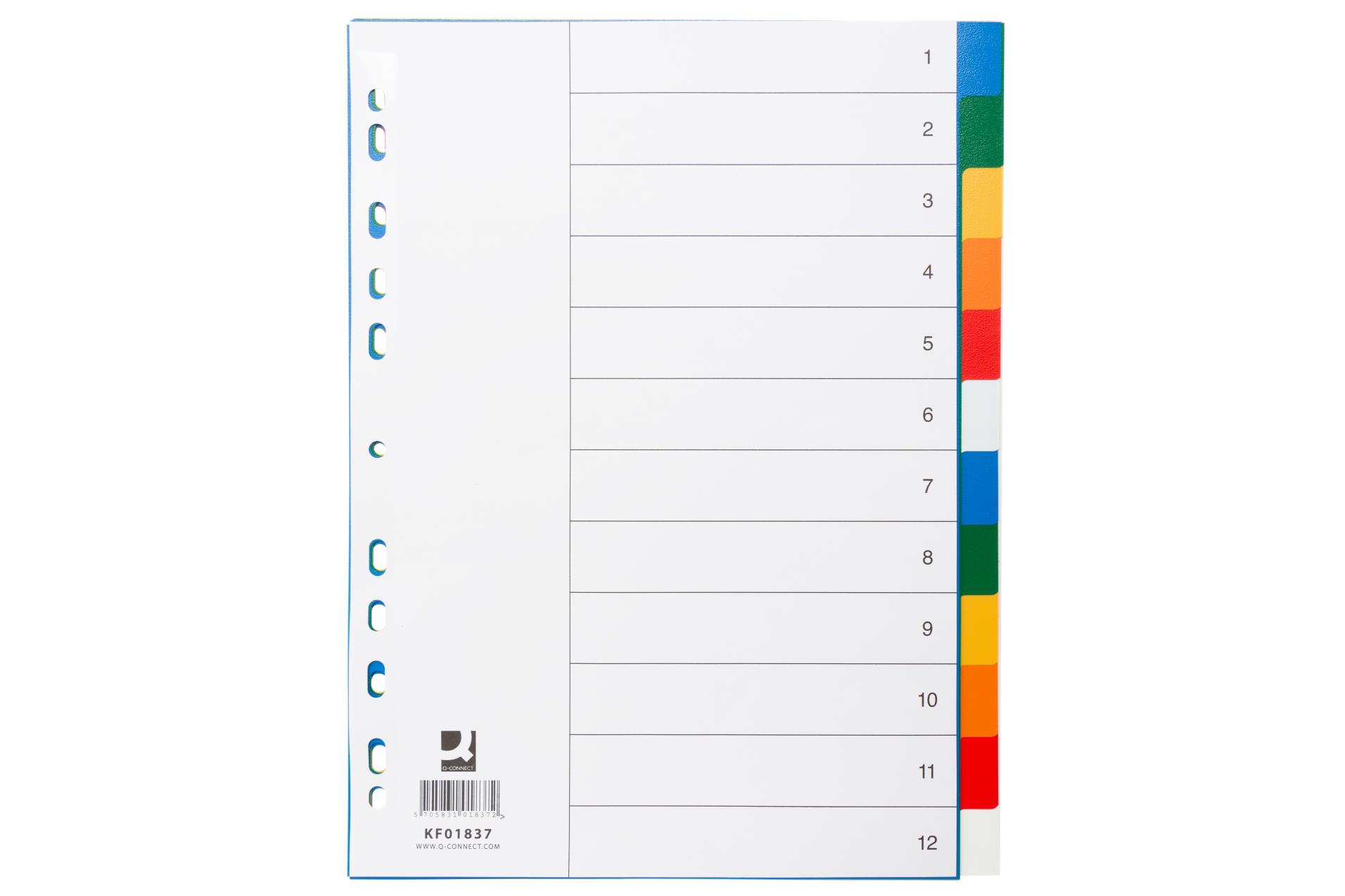 Plastové rozlišovače Q-Connect - A4, s barevným okrajem, 12 listů