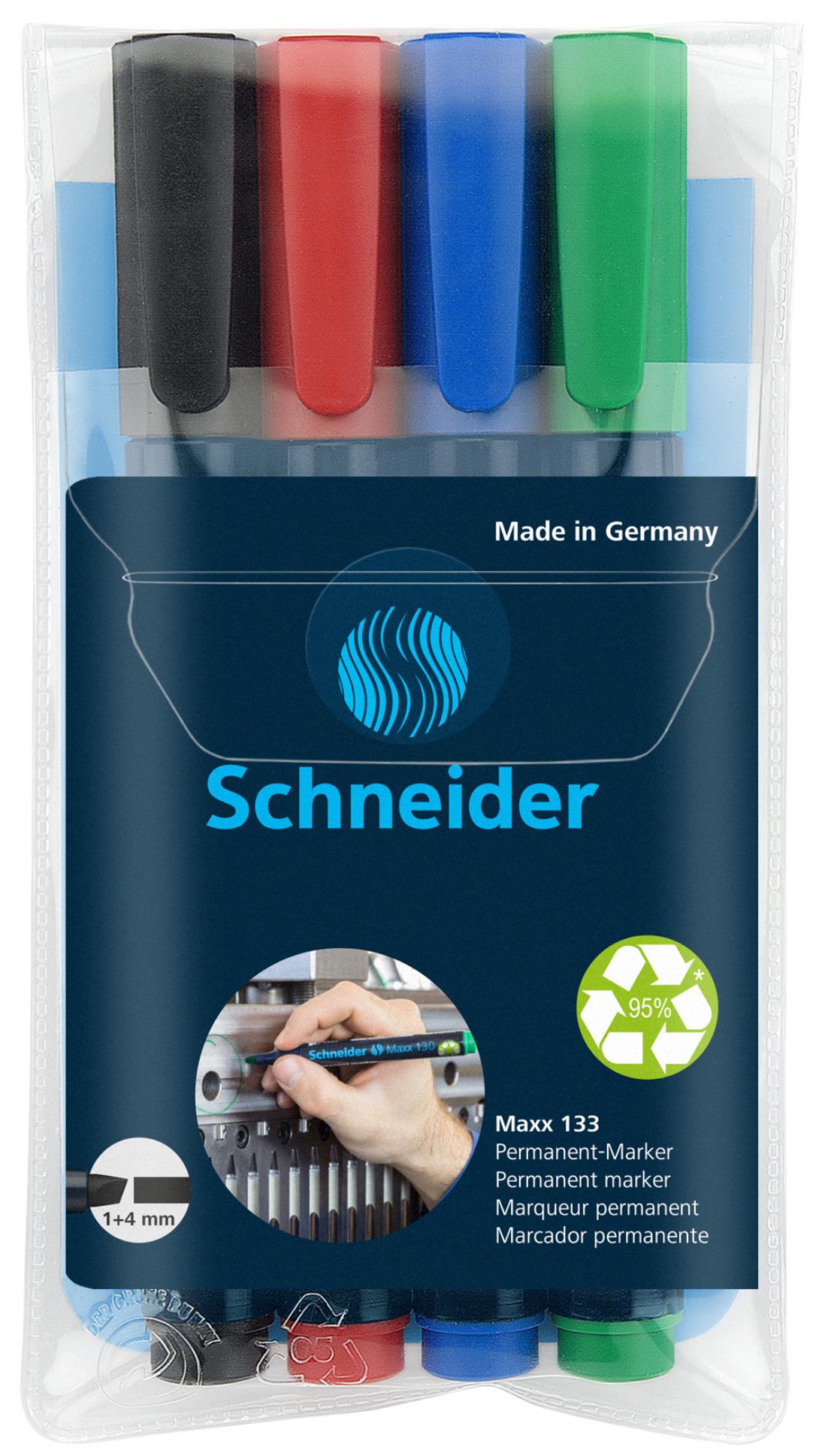 Permanentní popisovač Schneider Maxx 133 - zkosený hrot, sada 4 barev