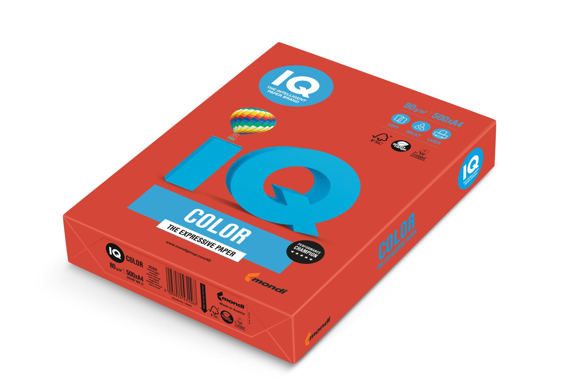 Levně Barevný papír IQ Color A4 - CO44, korálově červený, 160 g/m2, 250 listů