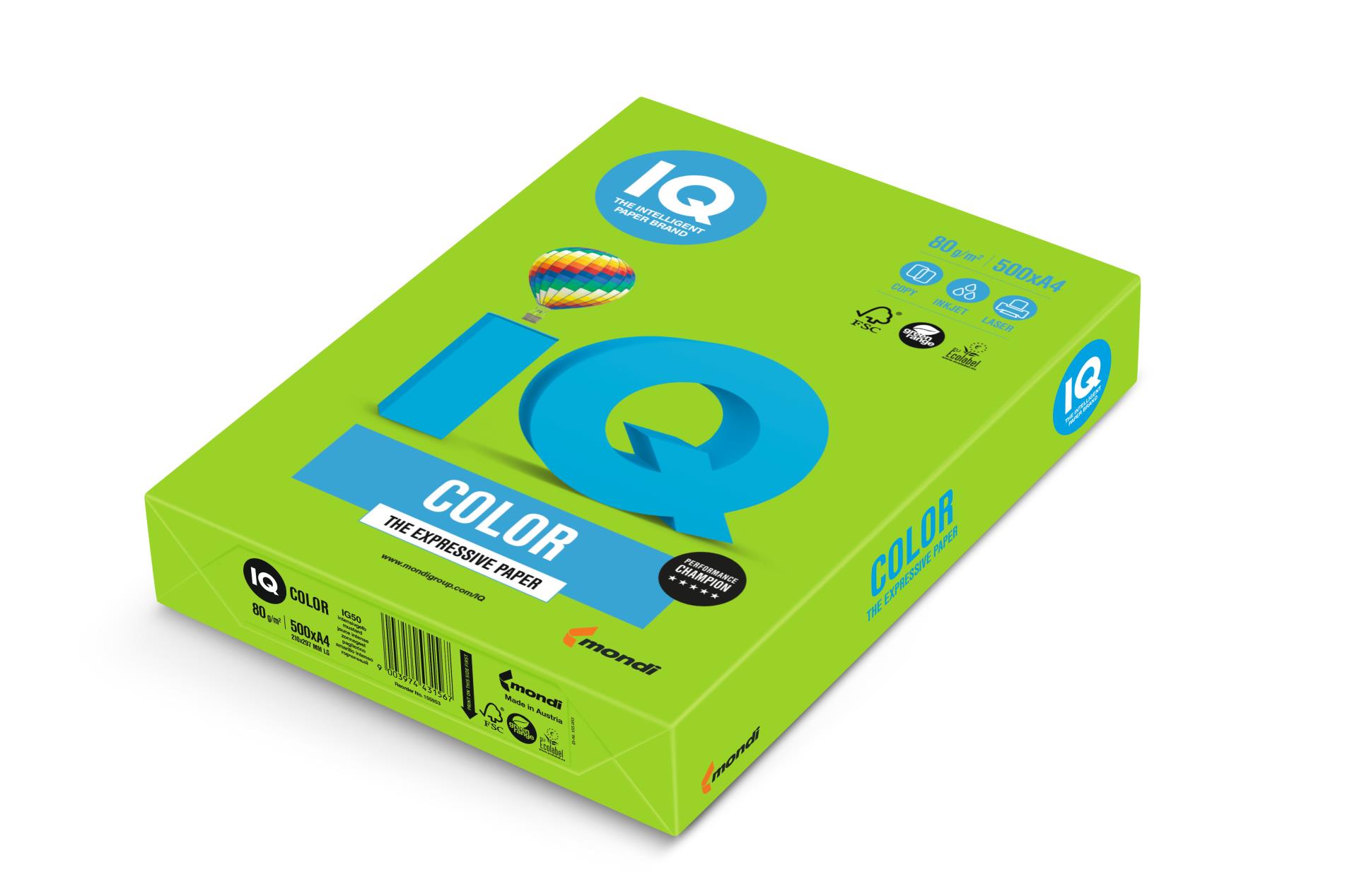 Levně Barevný papír IQ Color A4 - MA42, májově zelený, 160 g/m2, 250 listů