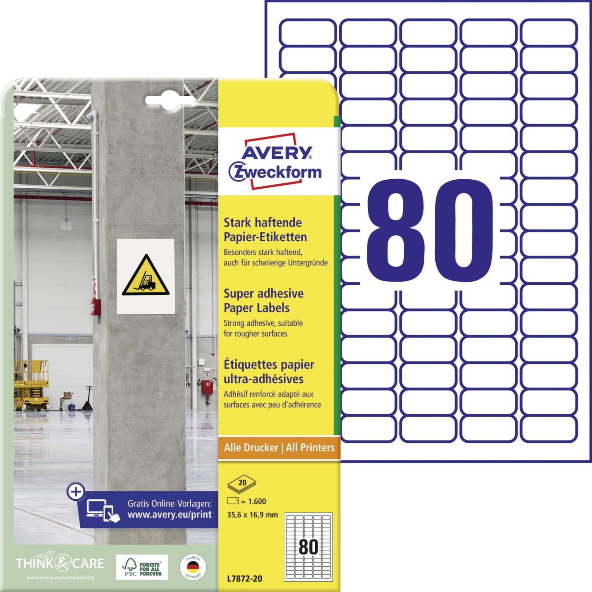 Etikety s vysokou lepivostí Avery Zweckform - bílé, 35,6 x 16,9 mm, 1 600 ks