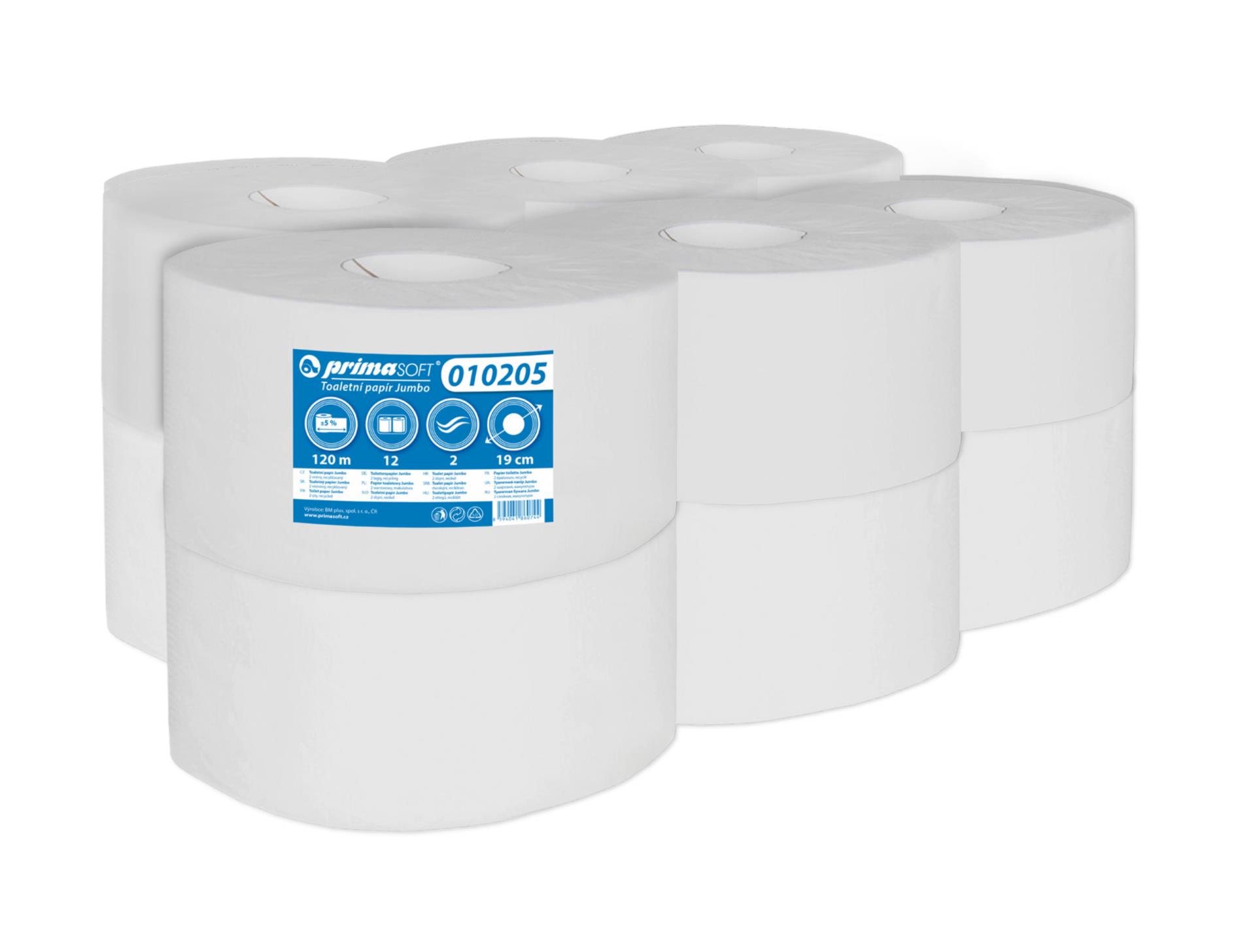 Levně Toaletní papír jumbo PrimaSoft - 2vrstvý, bílý recykl, 190 mm, 12 rolí