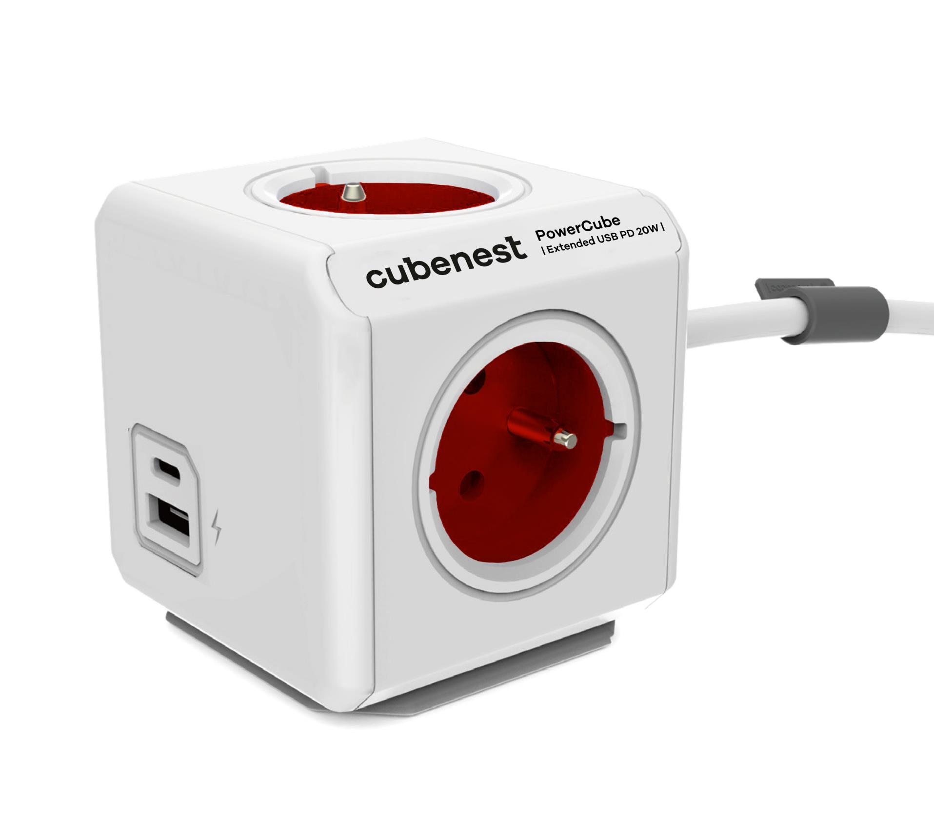 Prodlužovací přívod PowerCube Extended - 4 zásuvky, USB A+C, červená