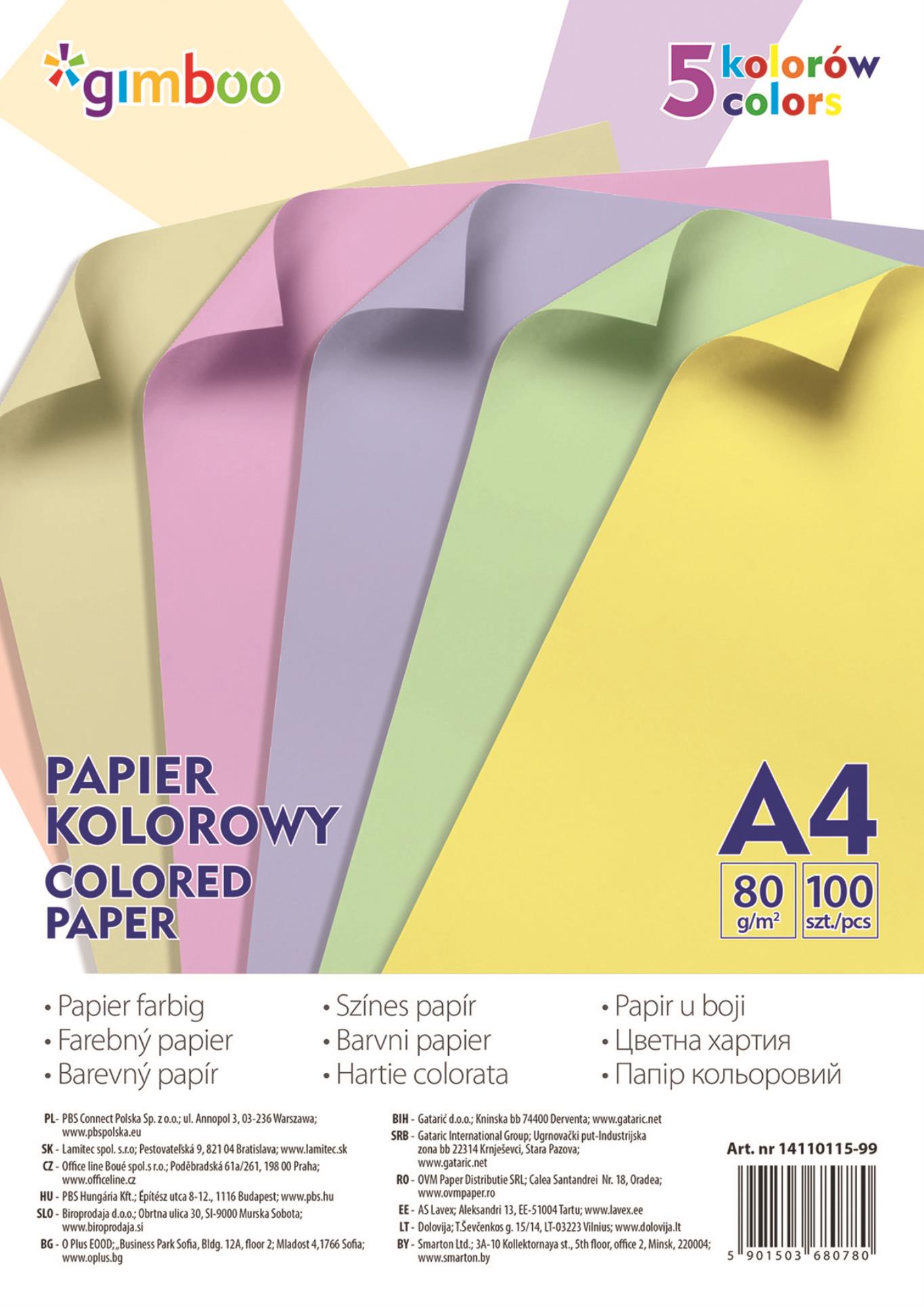 Barevné papíry Gimboo A4 - složka 100 listů, 5 pastelových barev