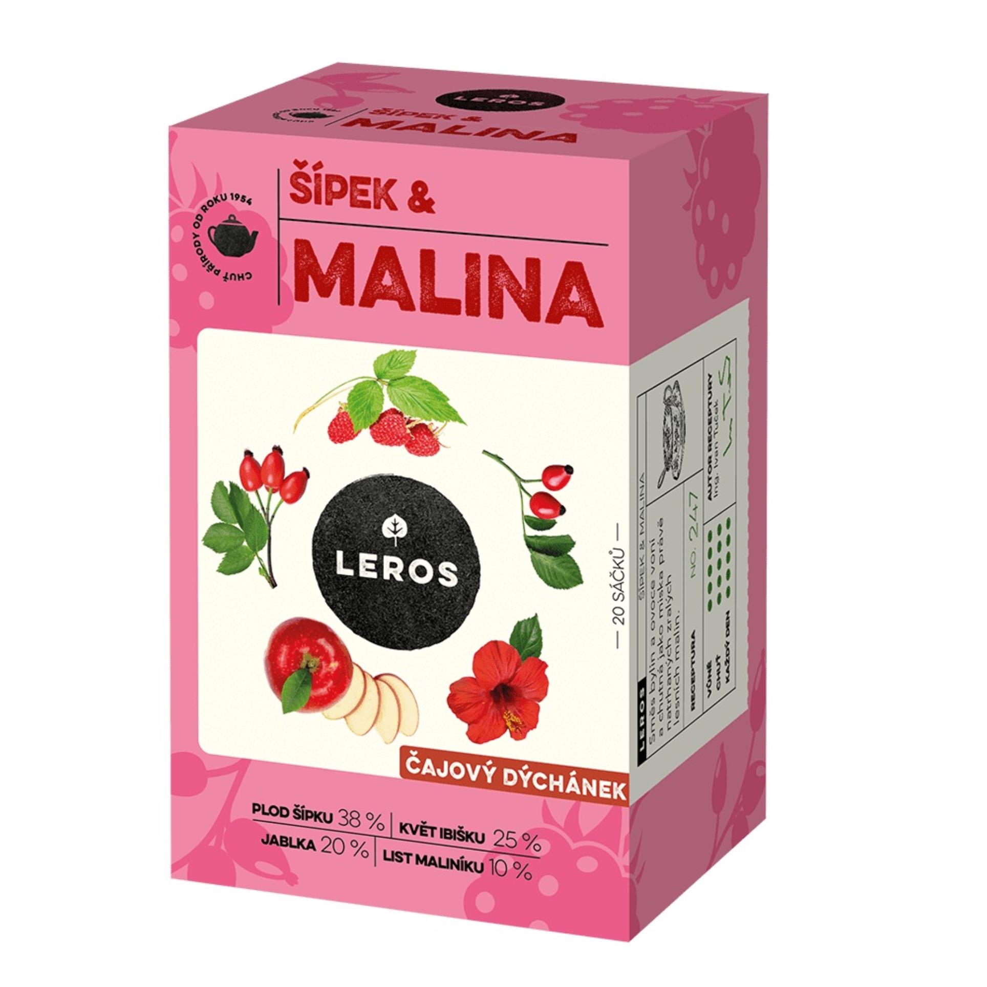 Bylinný čaj Leros - Čajový dýchánek, šípek a malina, 20 x 2 g