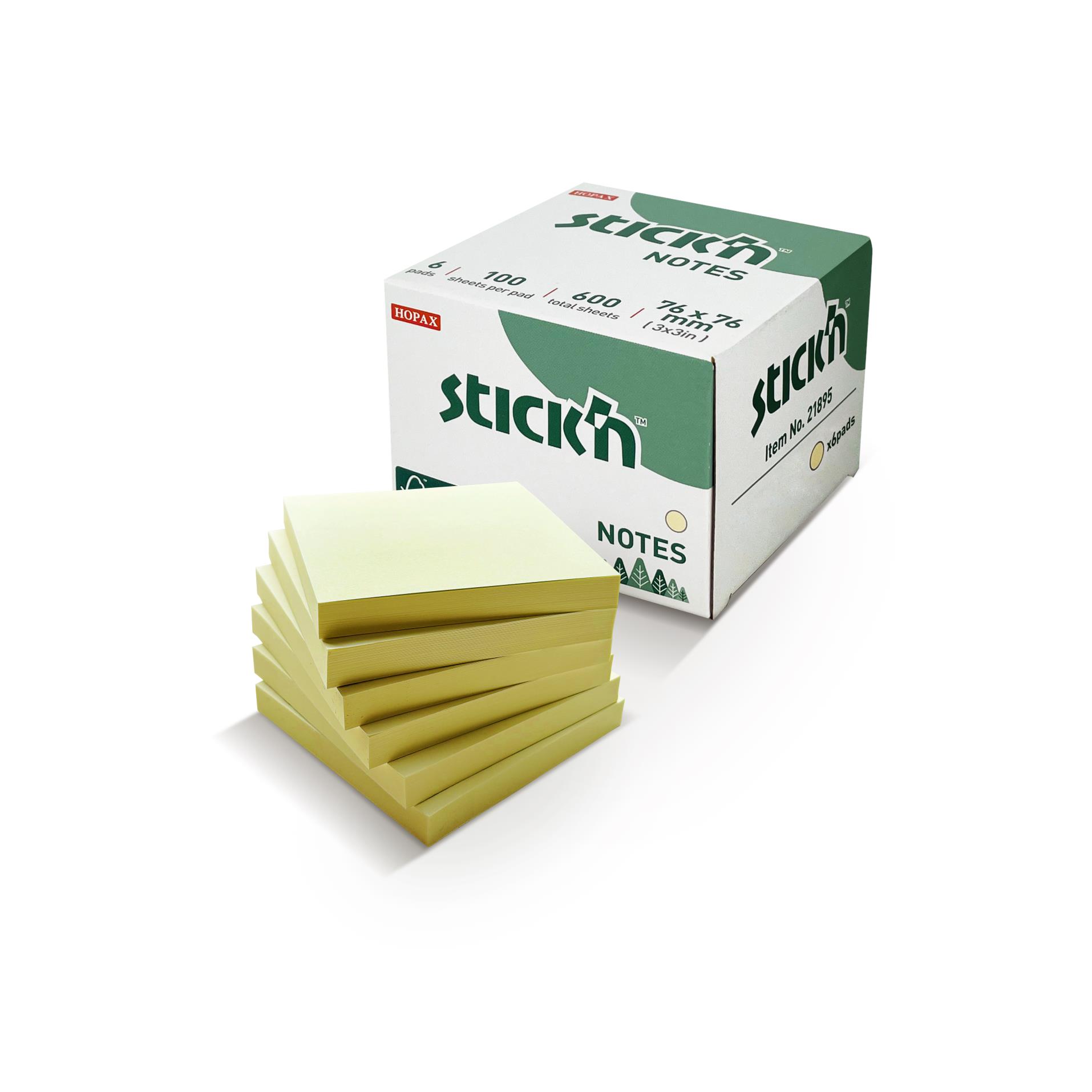 Stick’n by Hopax Samolepicí bloček v kostce Stick'n by Hopax FSC - 76 x 76 mm, 6 x 100 lístků, žluté
