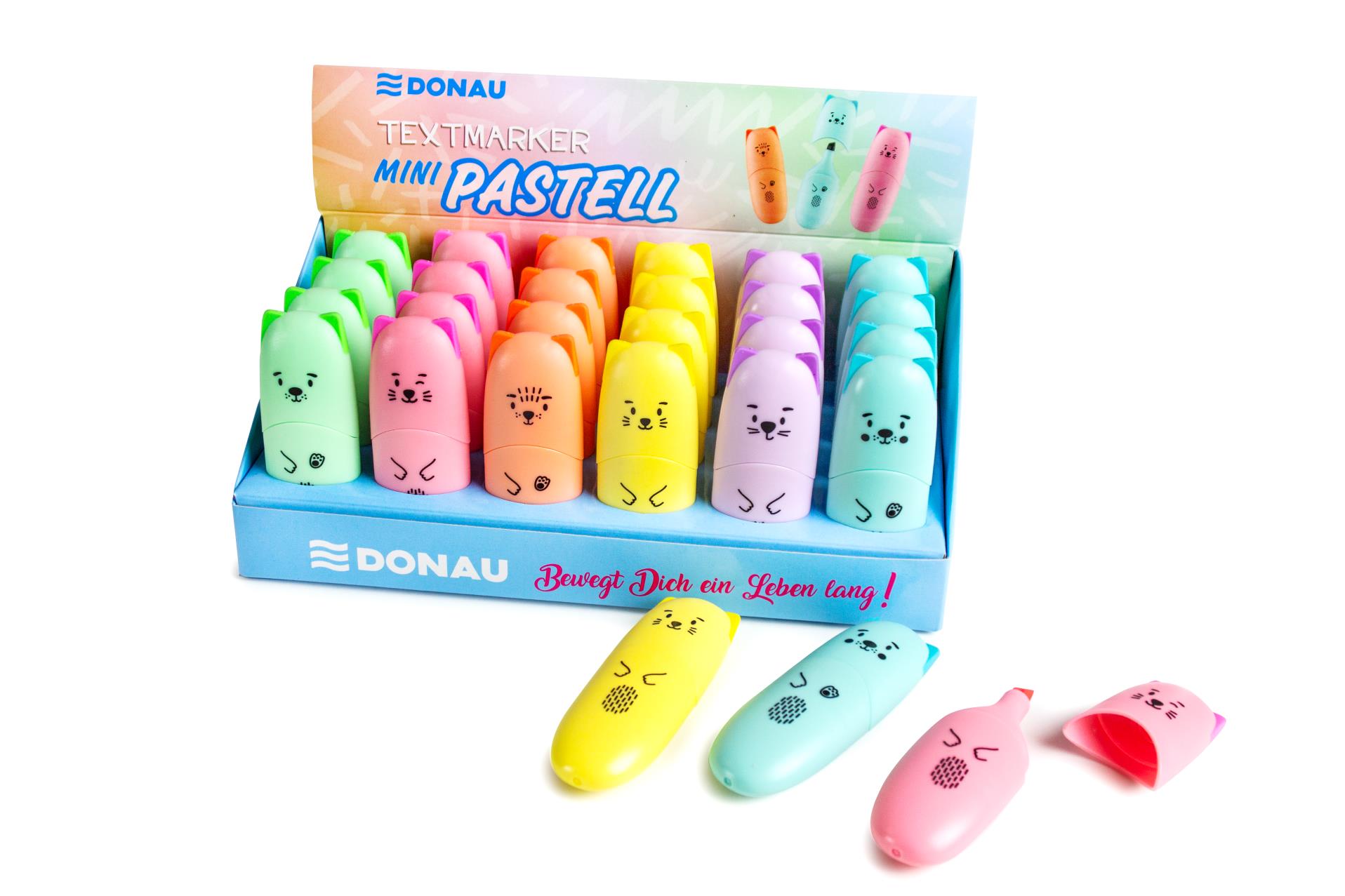 Zvýrazňovač Donau mini - kočičí design, sada 24 pastelových barev