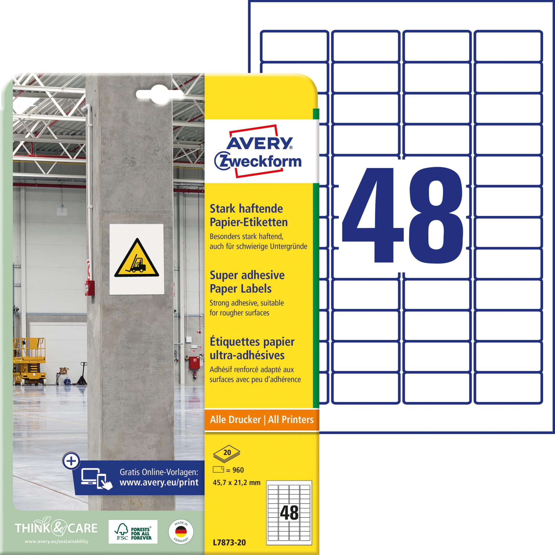 Etikety s vysokou lepivostí Avery Zweckform - bílé, 45,7 x 21,2 mm, 960 ks