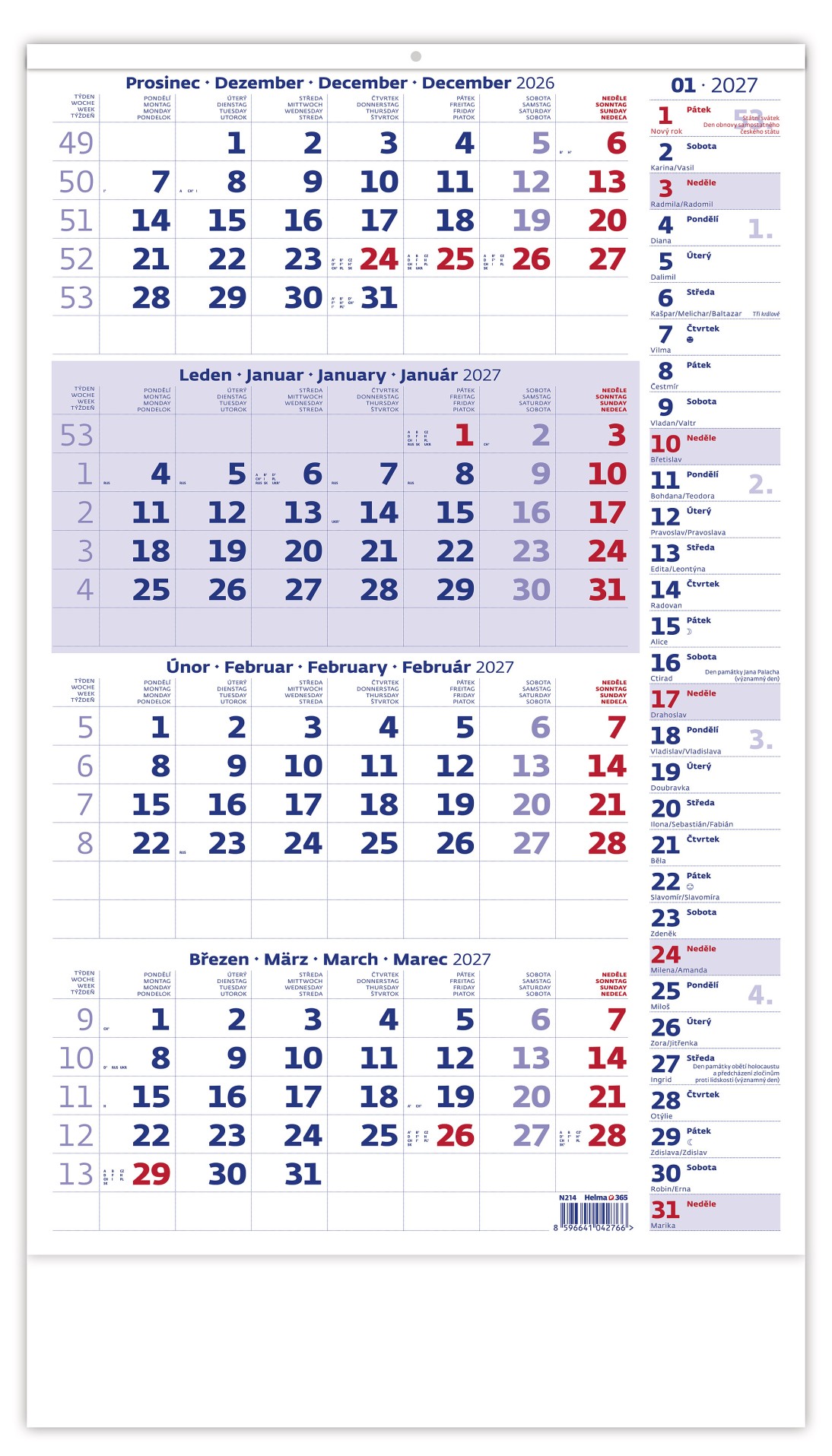 Nástěnný čtyřměsíční kalendář 2027 s poznámkami, modrý