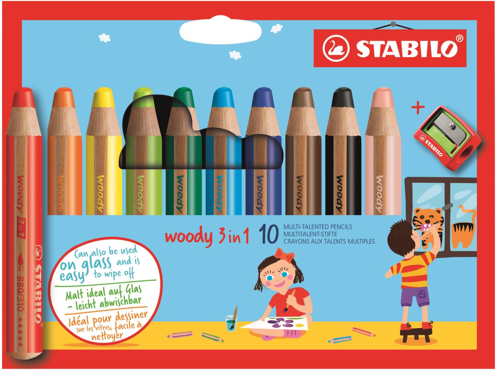 Levně STABILO Barevná pastelka Woody 3v1 pastelka vodovka voskovka Pouzdro 10ks + ořezávátko