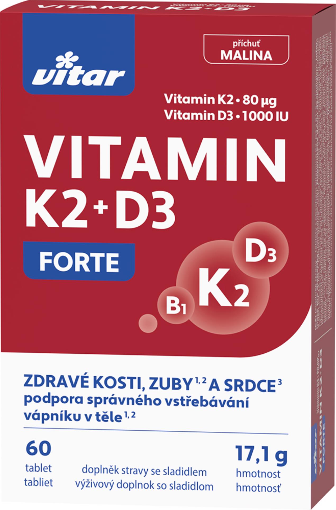 Vitamíny Vitar - K2 + D3 Forte, příchuť malinová, 60 tablet
