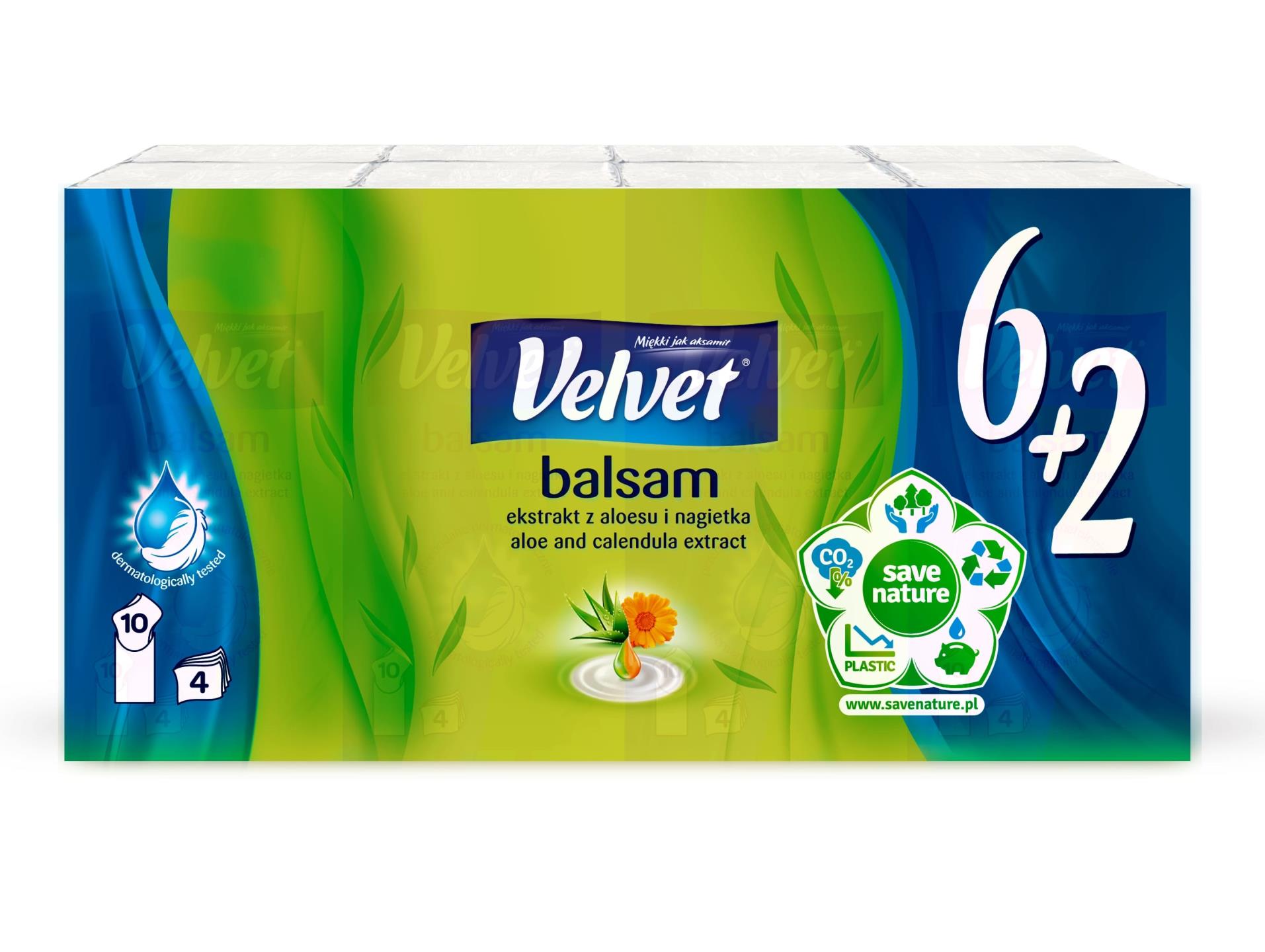 Levně Papírové kapesníčky Velvet Balsam - s extraktem z měsíčku lékařského, 4vrstvé, 8 ks