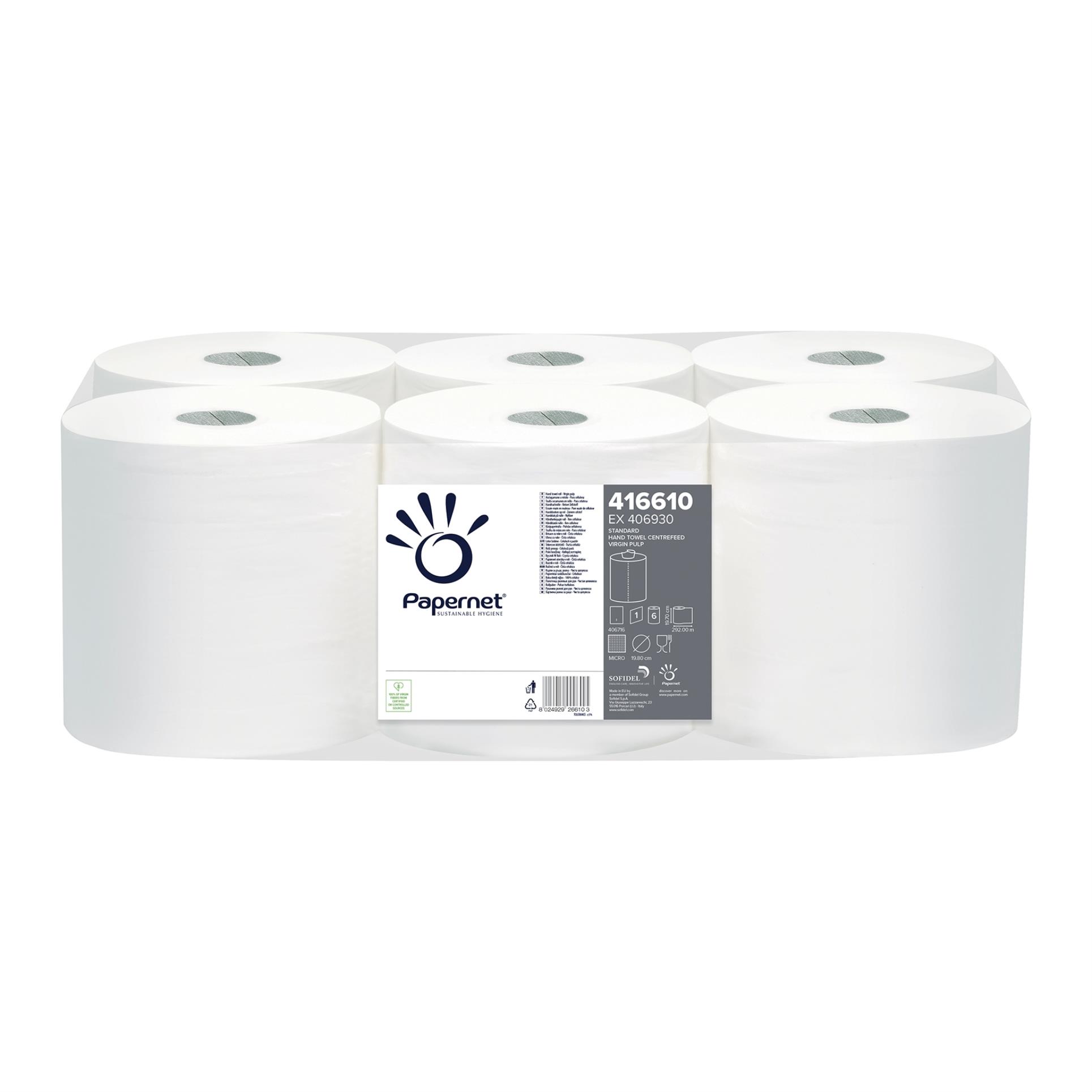 Papírové ručníky v roli Papernet Centrefeed - 1vrstvé, bílé, 6 rolí
