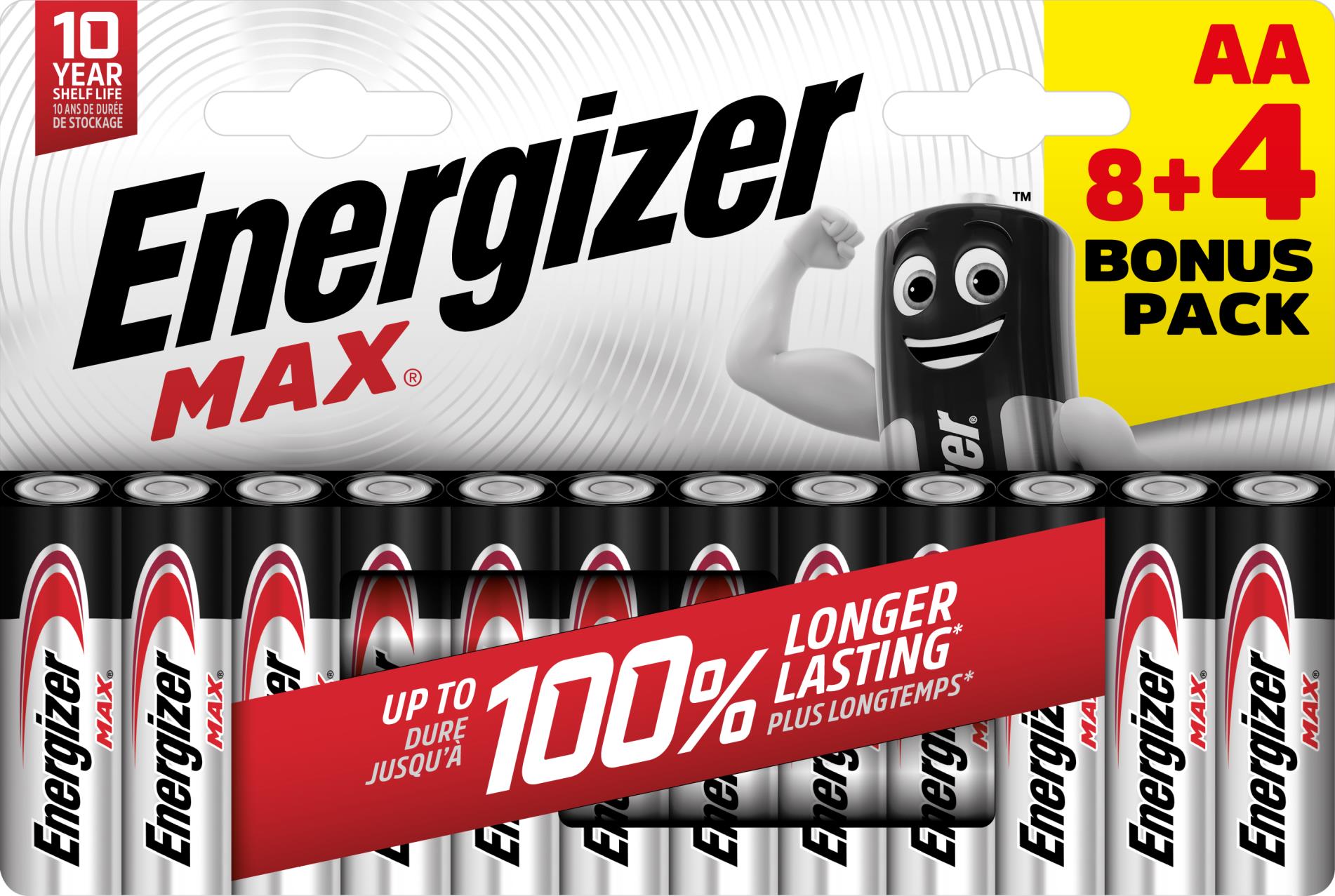 Alkalické baterie Energizer Max - 1,5V, LR6, typ AA, 8+4 ks