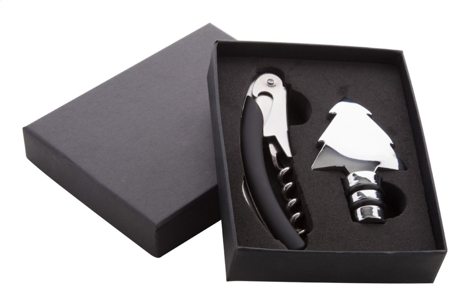 Sada na víno s vývrtkou a zátkou, černá krabička