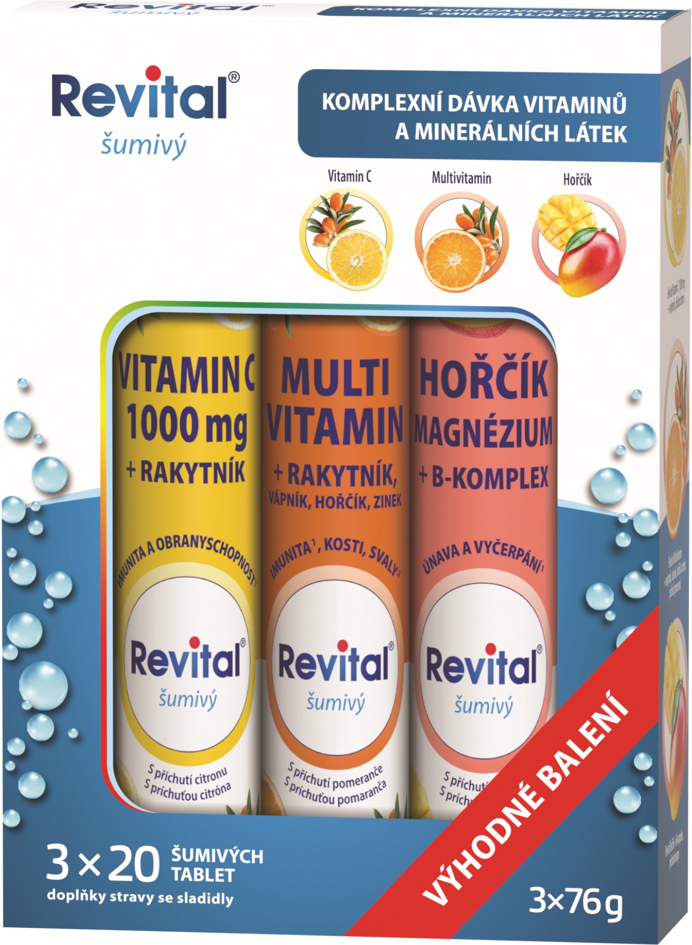 Šumivé vitamíny Revital - vitamín C, multivitamín, hořčík, 3 x 20 tablet