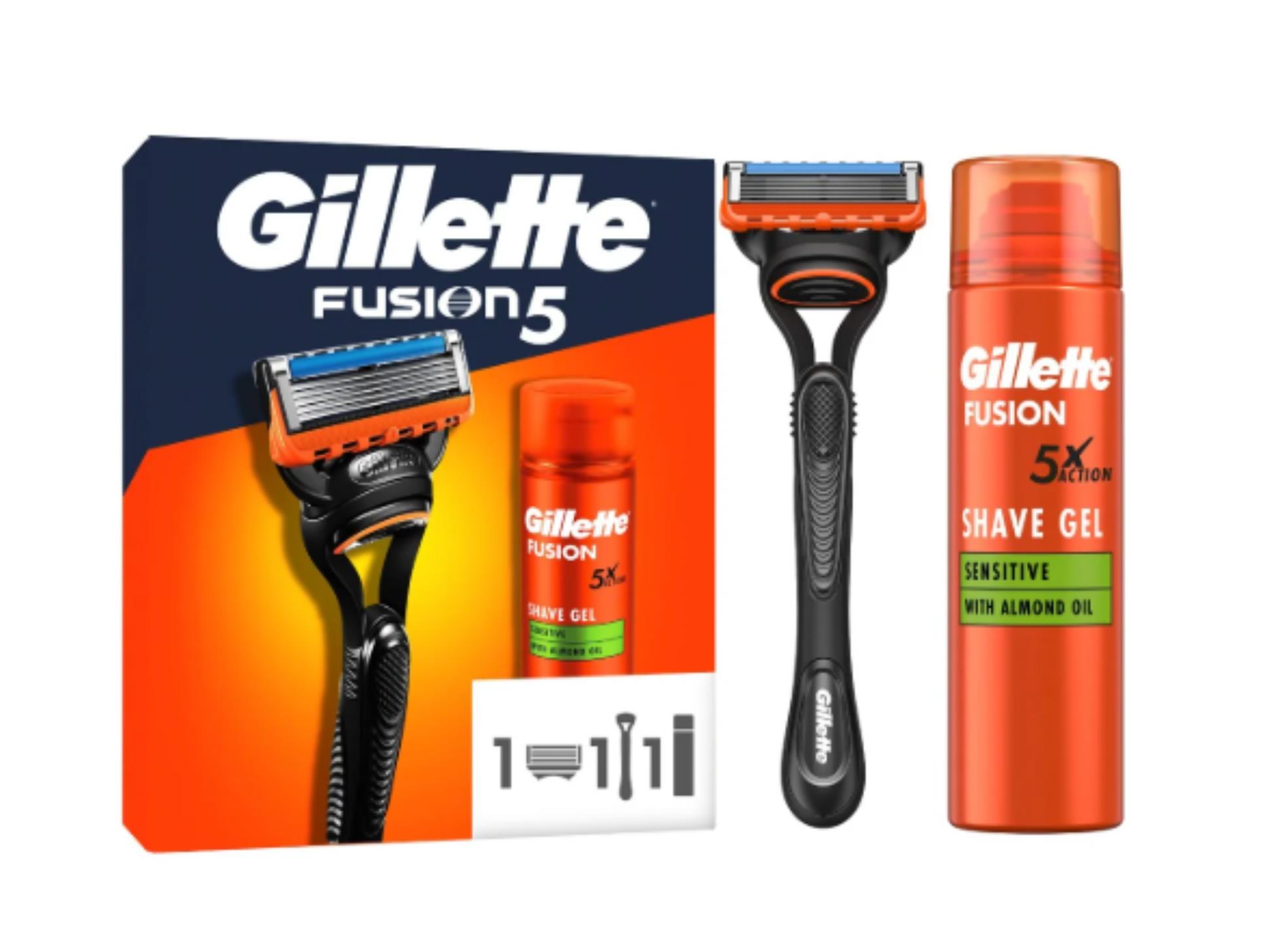 Gillette Fusion5 gel na holení 200 ml + Gillette Fusion5 holicí strojek 1 ks + Gillette Fusion5 náhradní břity 1 ks