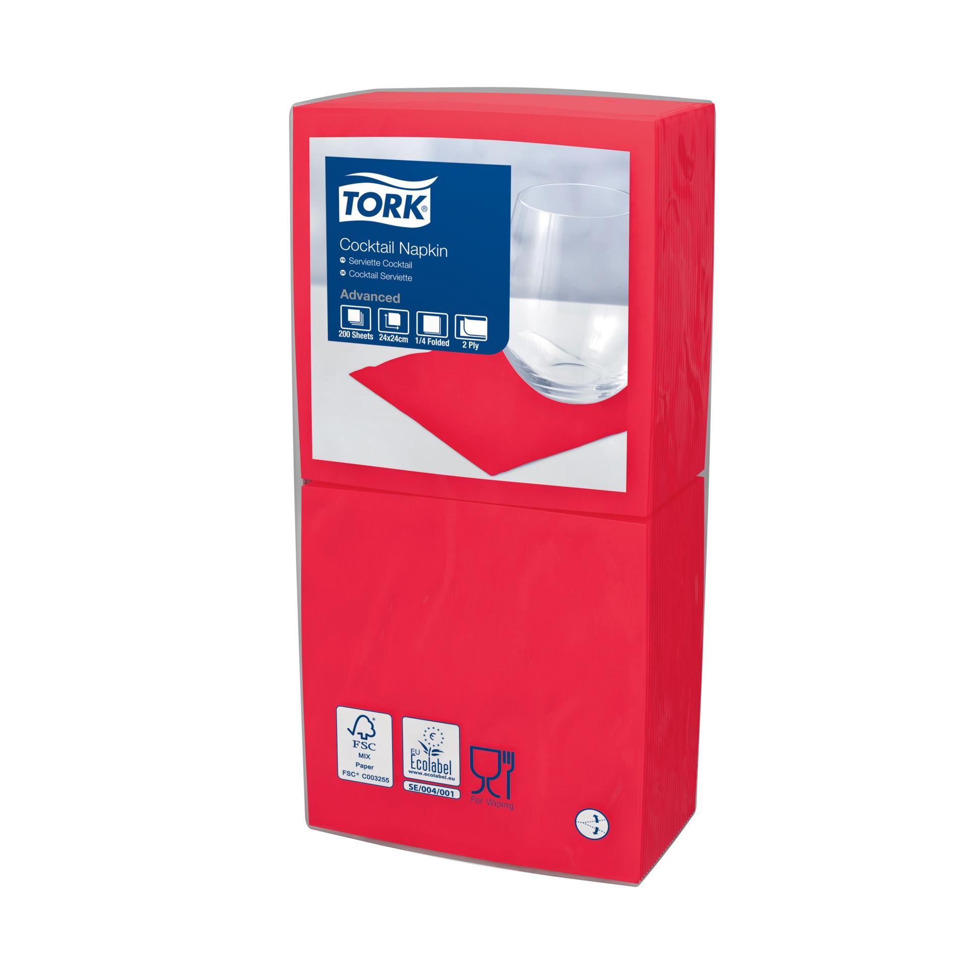 Papírové ubrousky Tork - 24 x 24 cm, červené, 200 ks