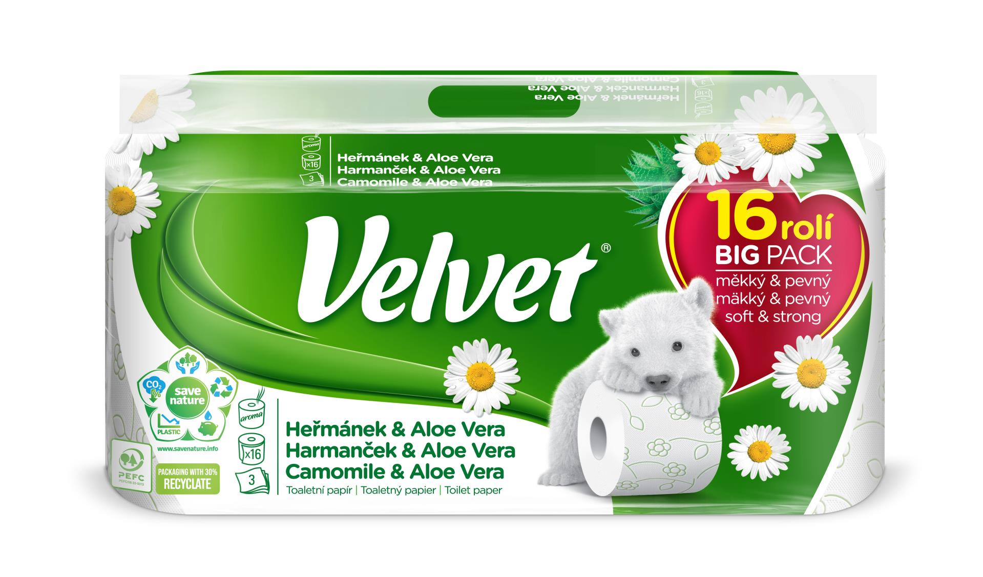 Levně Toaletní papír Velvet - 3vrstvý, heřmánek, 16 rolí