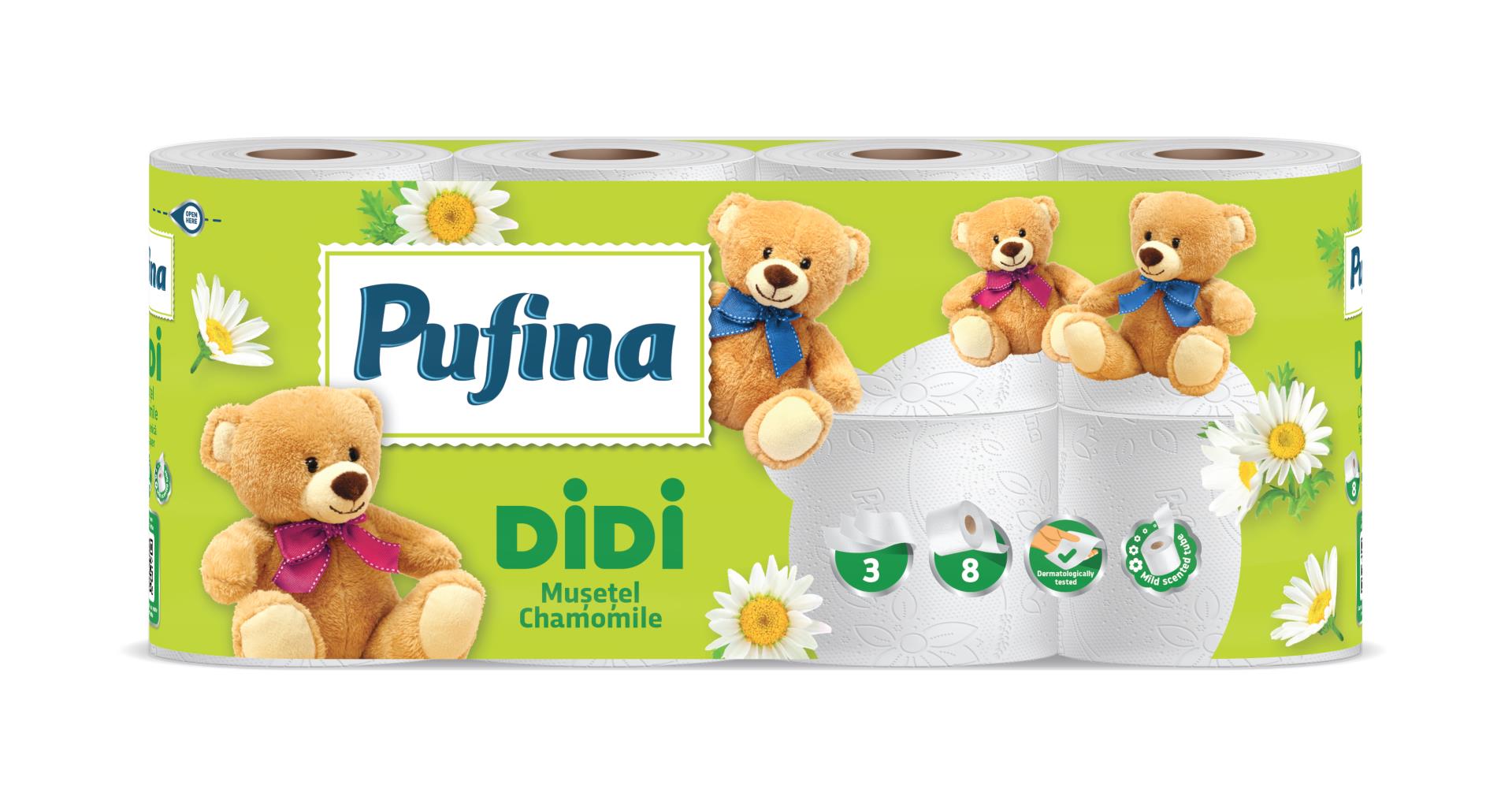 Levně Toaletní papír Pufina Heřmánek, 3vrstvý,8 rolí