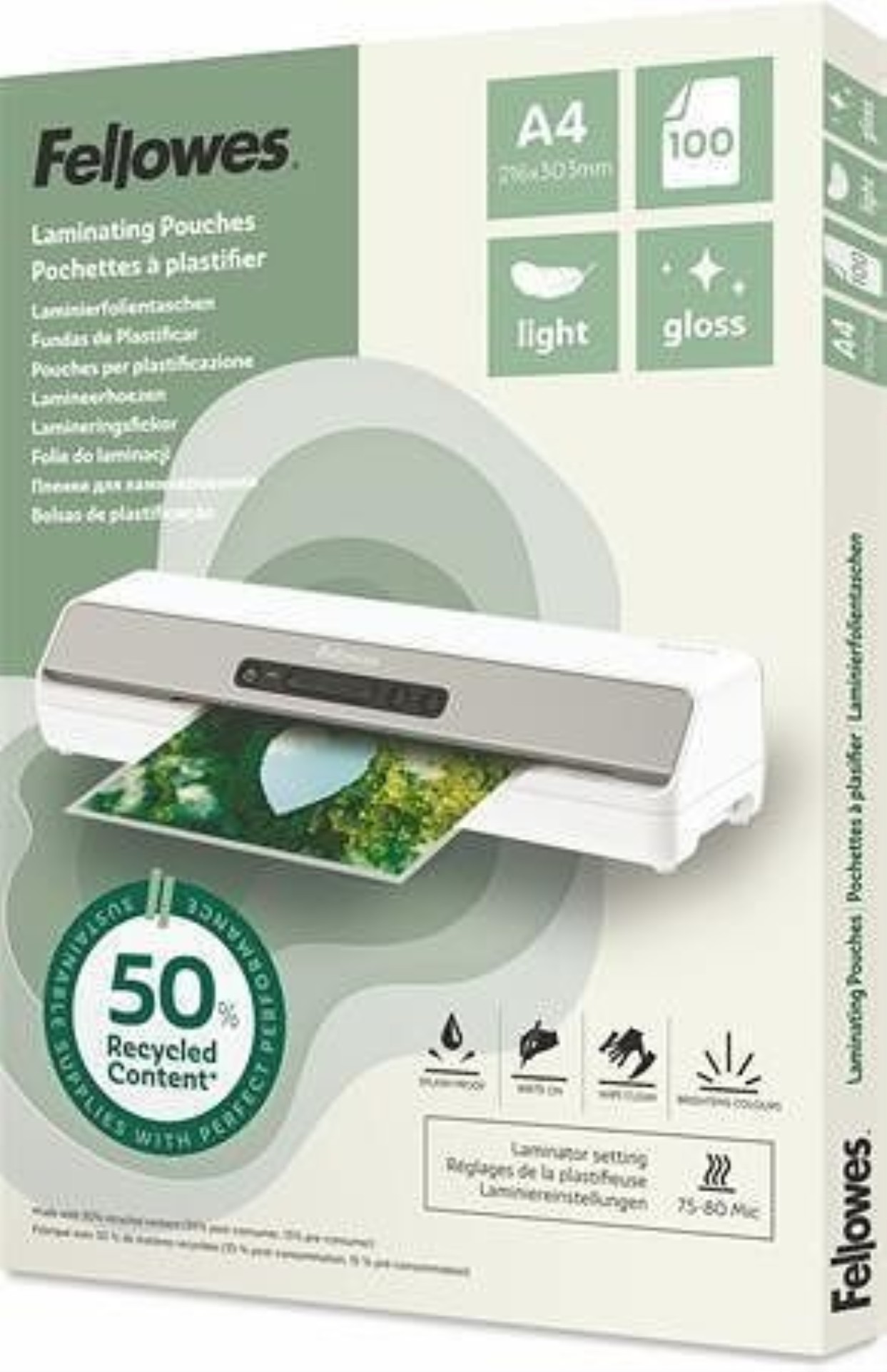 Levně Laminovací fólie Fellowes – A4, z 50 % recyklované, lesklé, 100 ks
