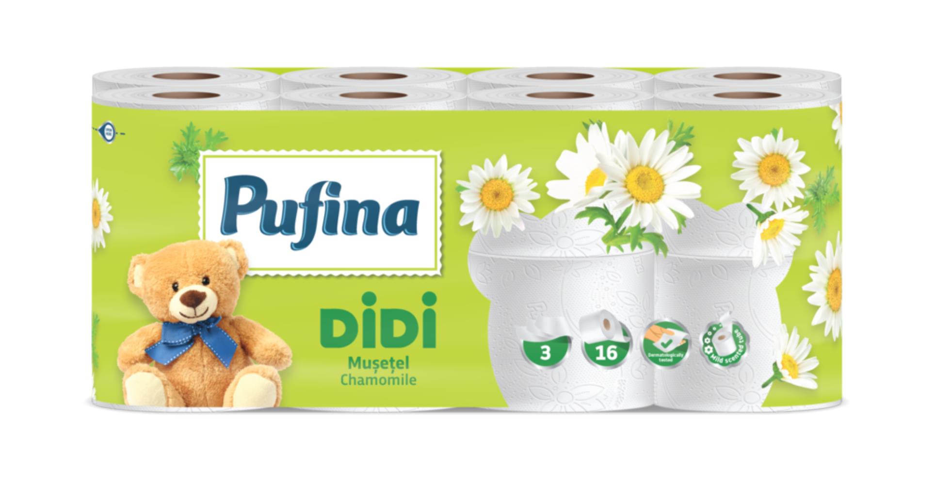 Levně Toaletní papír Pufina Didi Heřmánek - 3vrstvý, bílý, 17,6 m, 16 rolí