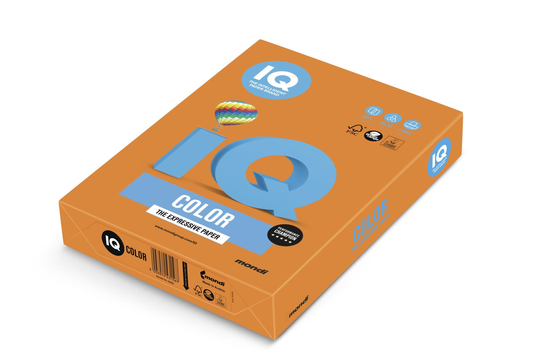 Barevný papír IQ Color A4 - OR43, oranžový, 160g/m2, 250 listů