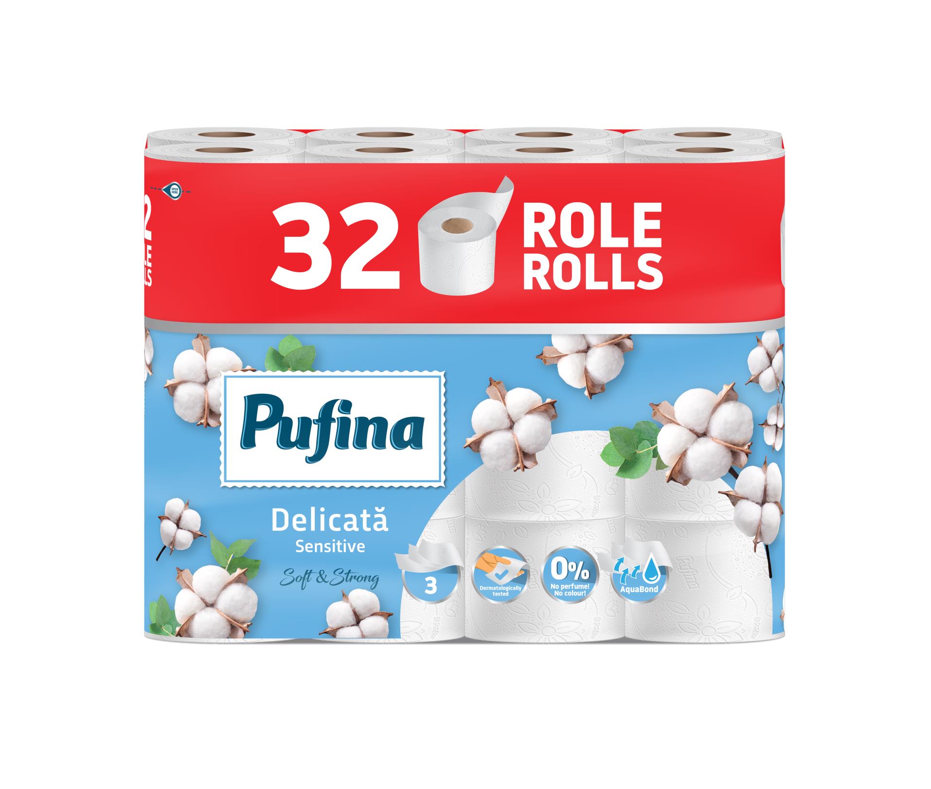Toaletní papír Pufina Sensitive Aquabond - 3vrstvý, bílý, 17,5 m, 32 rolí