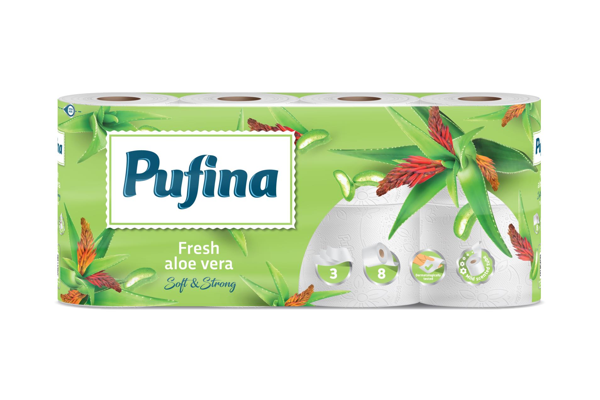 Toaletní papír Pufina Aloe Vera - 3vrstvý, bílý, 18,9 m, 8 rolí