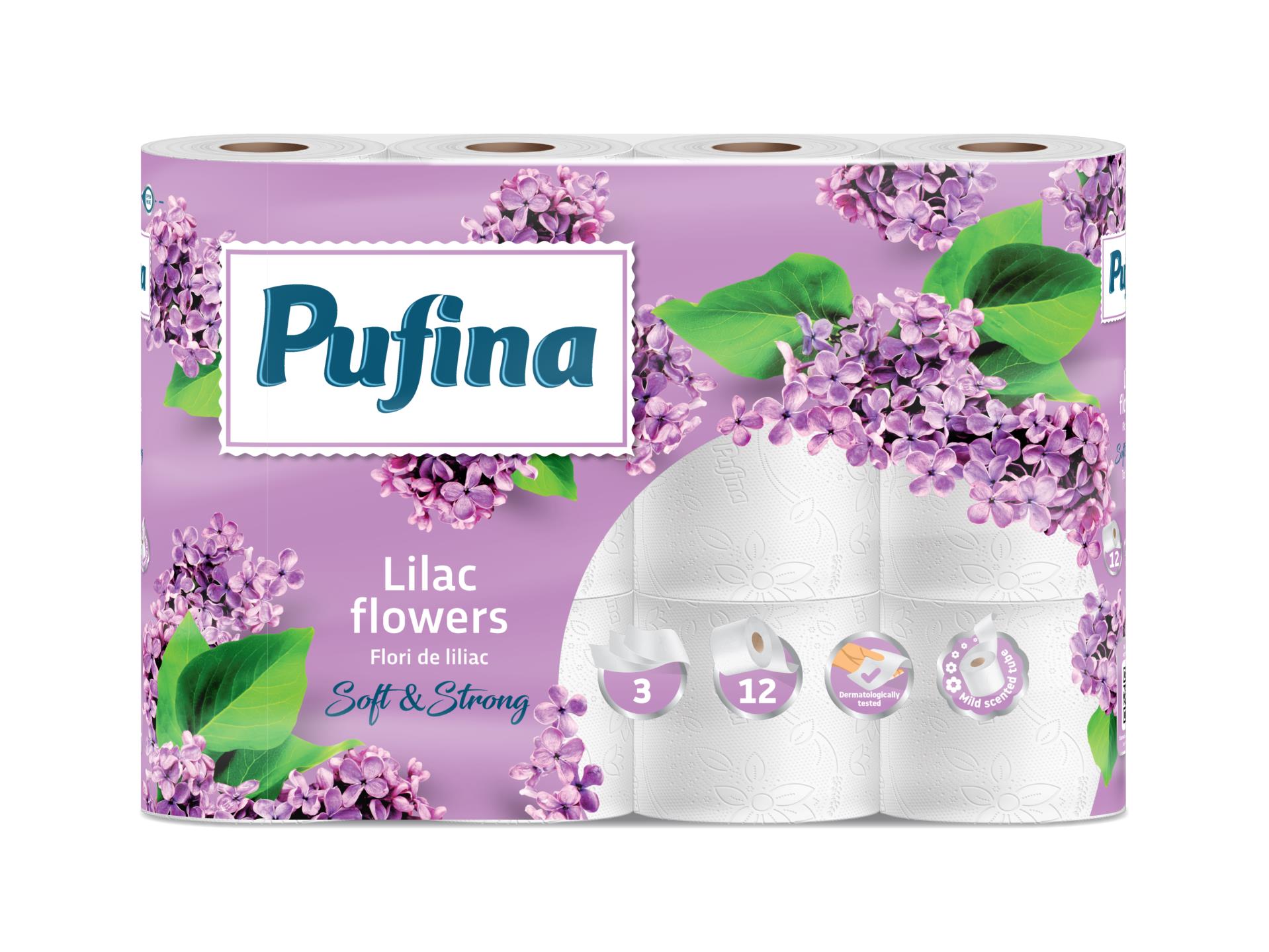 Toaletní papír Pufina Lilac Flower - 3vrstvý, bílý, 18,9 m, 12 rolí