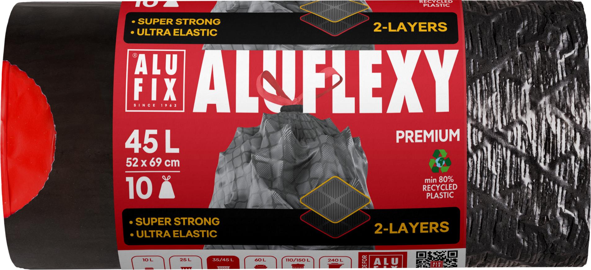 Pytle na odpad Alufix – zatahovací, 45 l, 10 ks, 30 µm, 2vrstvé, 52 × 69 cm, černé