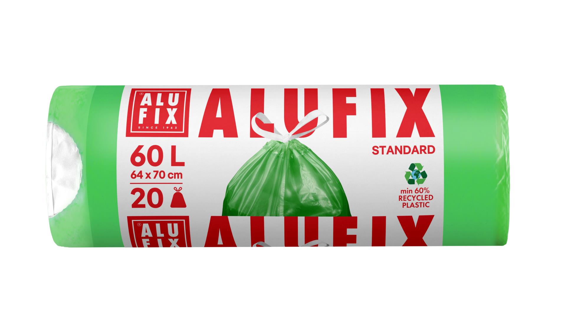 Pytle na odpad Alufix – zatahovací, 60 l, 20 ks, 16 µm, HDPE, 64 × 70 cm, zelené