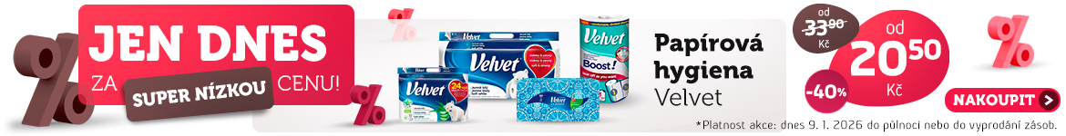 Jen dnes: Papírová hygiena Velvet od 20,50 Kč